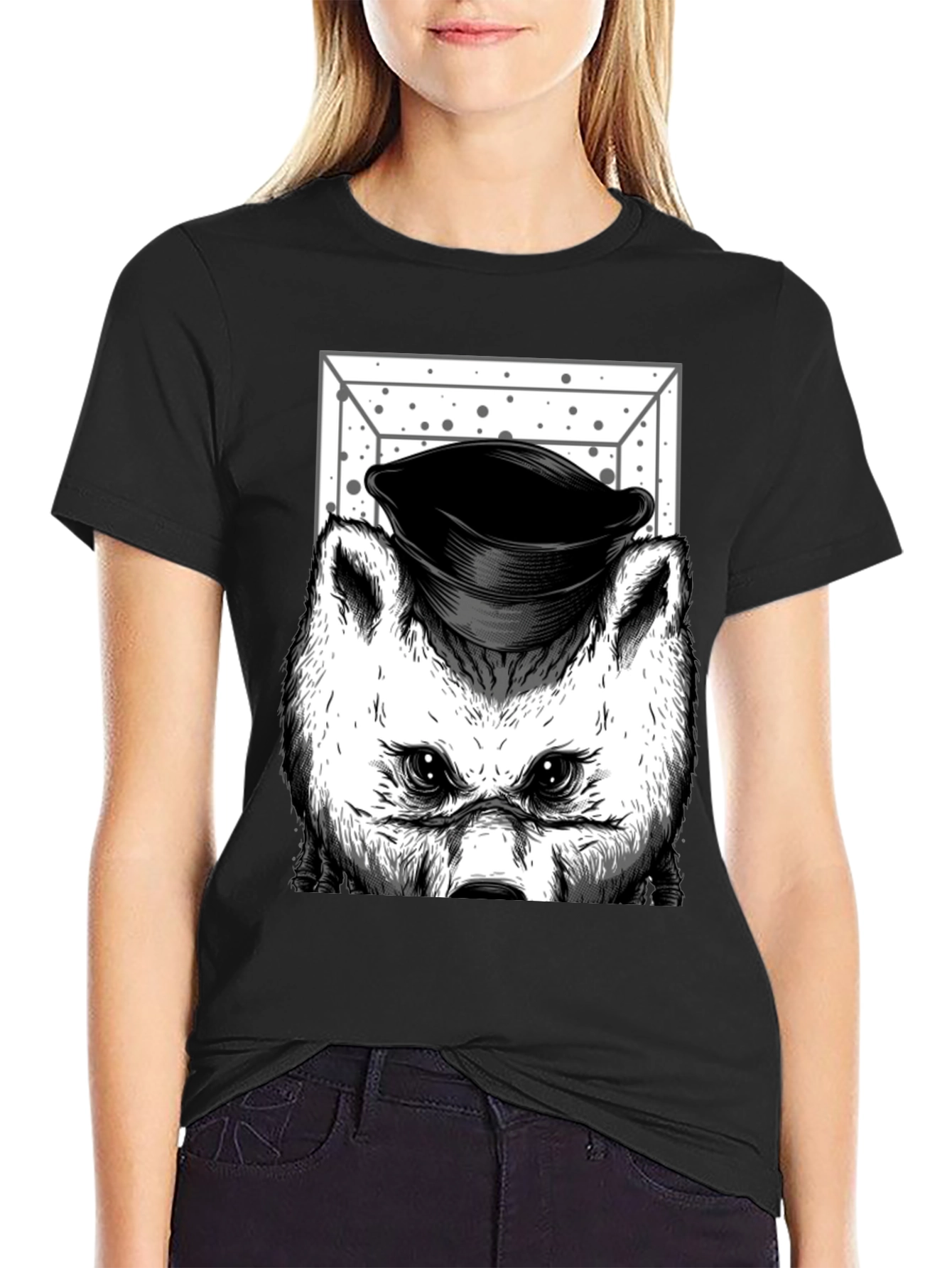 Wolf in Hat Graphic T-Shirt - Black
