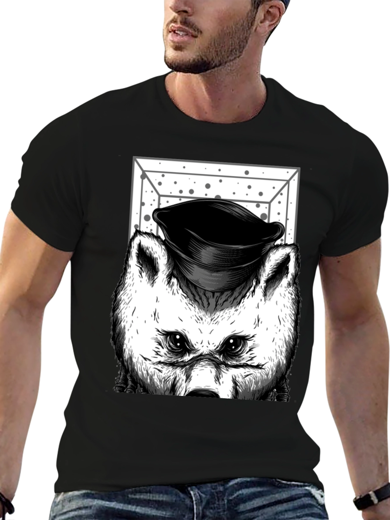 Wolf in Hat Graphic T-Shirt - Black
