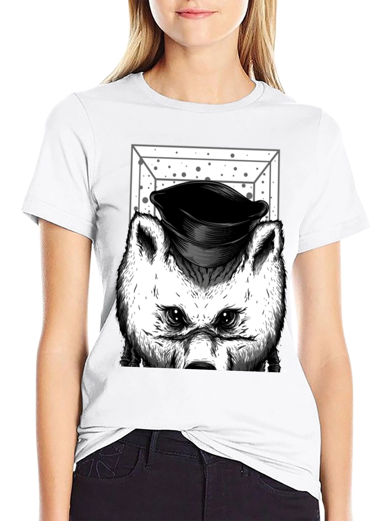 Wolf in Hat Graphic T-Shirt - Black