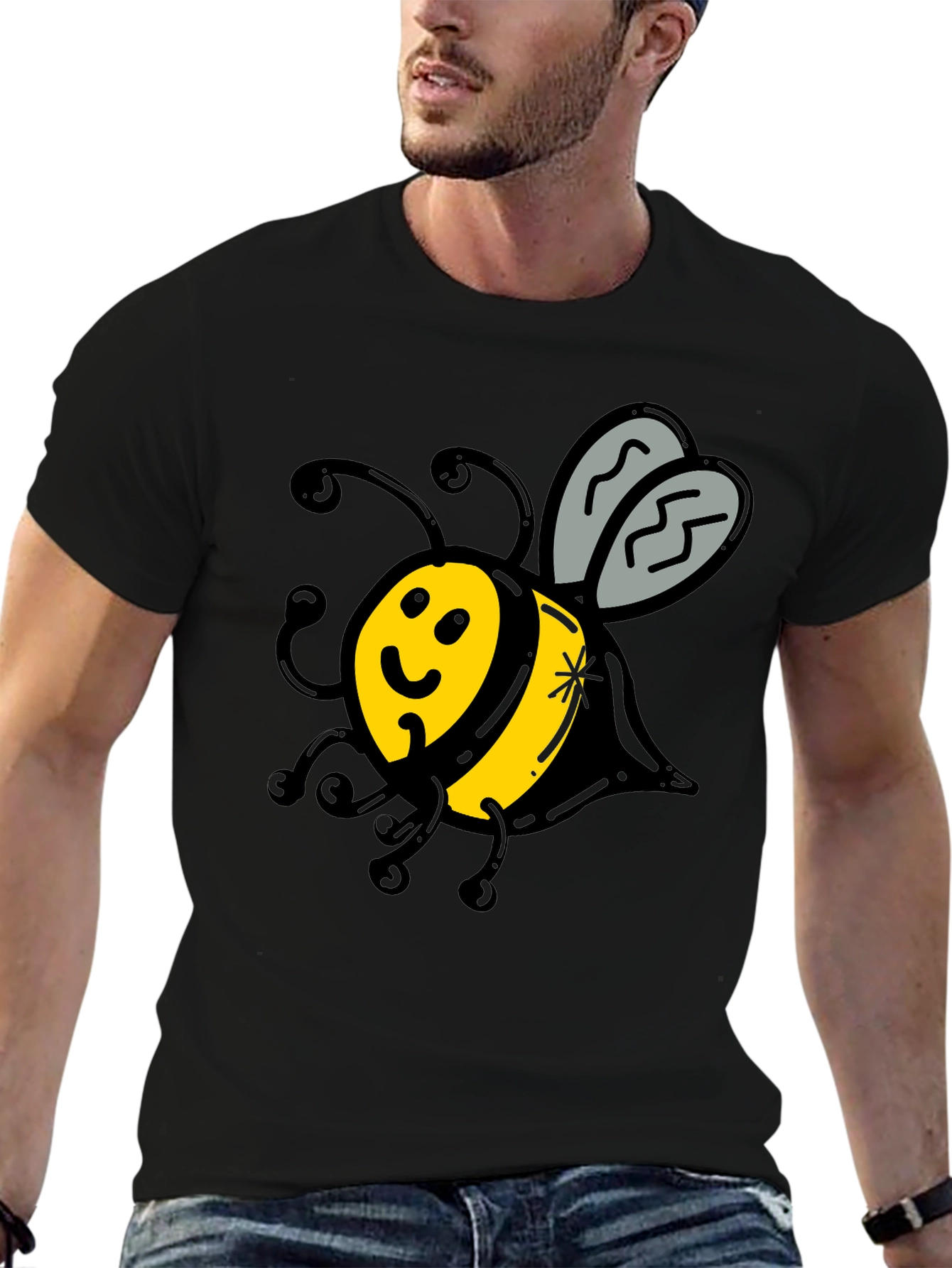 Cute Bee Graphic T-Shirt - Black Crew Neck