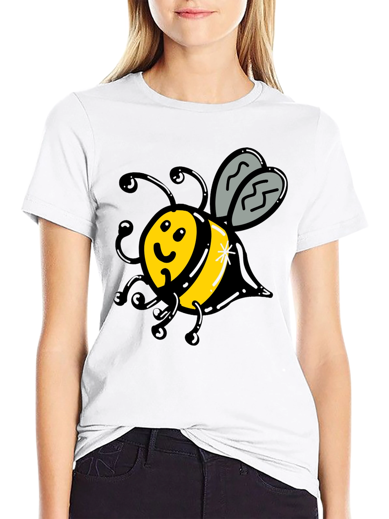 Cute Bee Graphic T-Shirt - Black Crew Neck