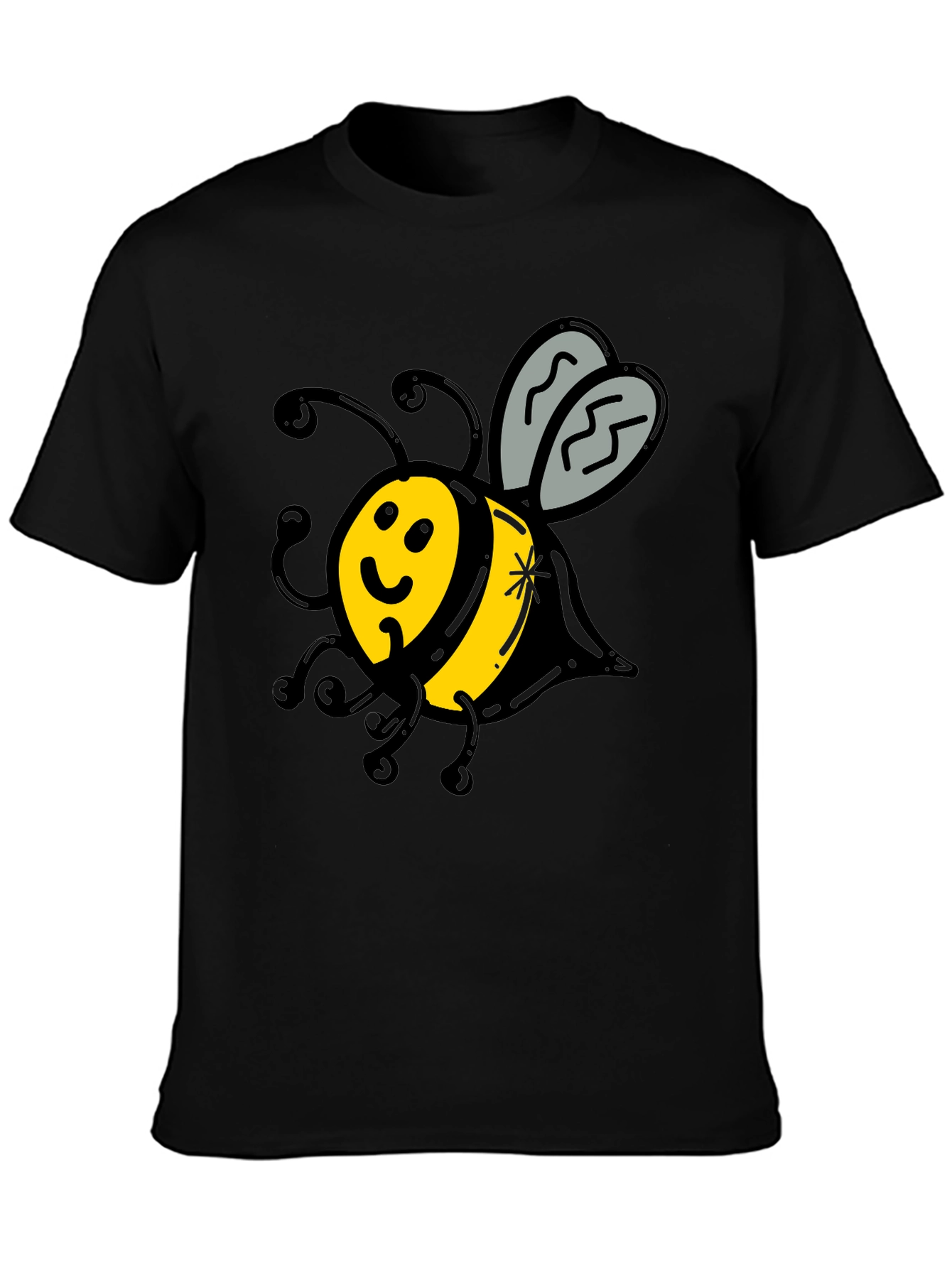 Cute Bee Graphic T-Shirt - Black Crew Neck