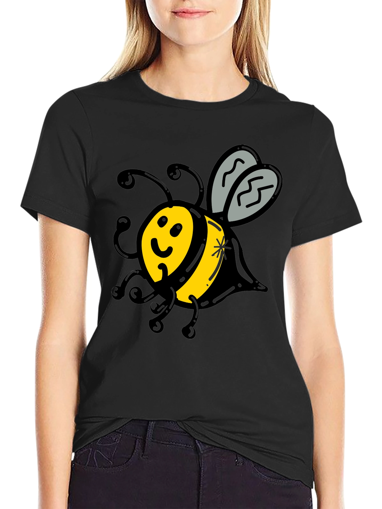 Cute Bee Graphic T-Shirt - Black Crew Neck