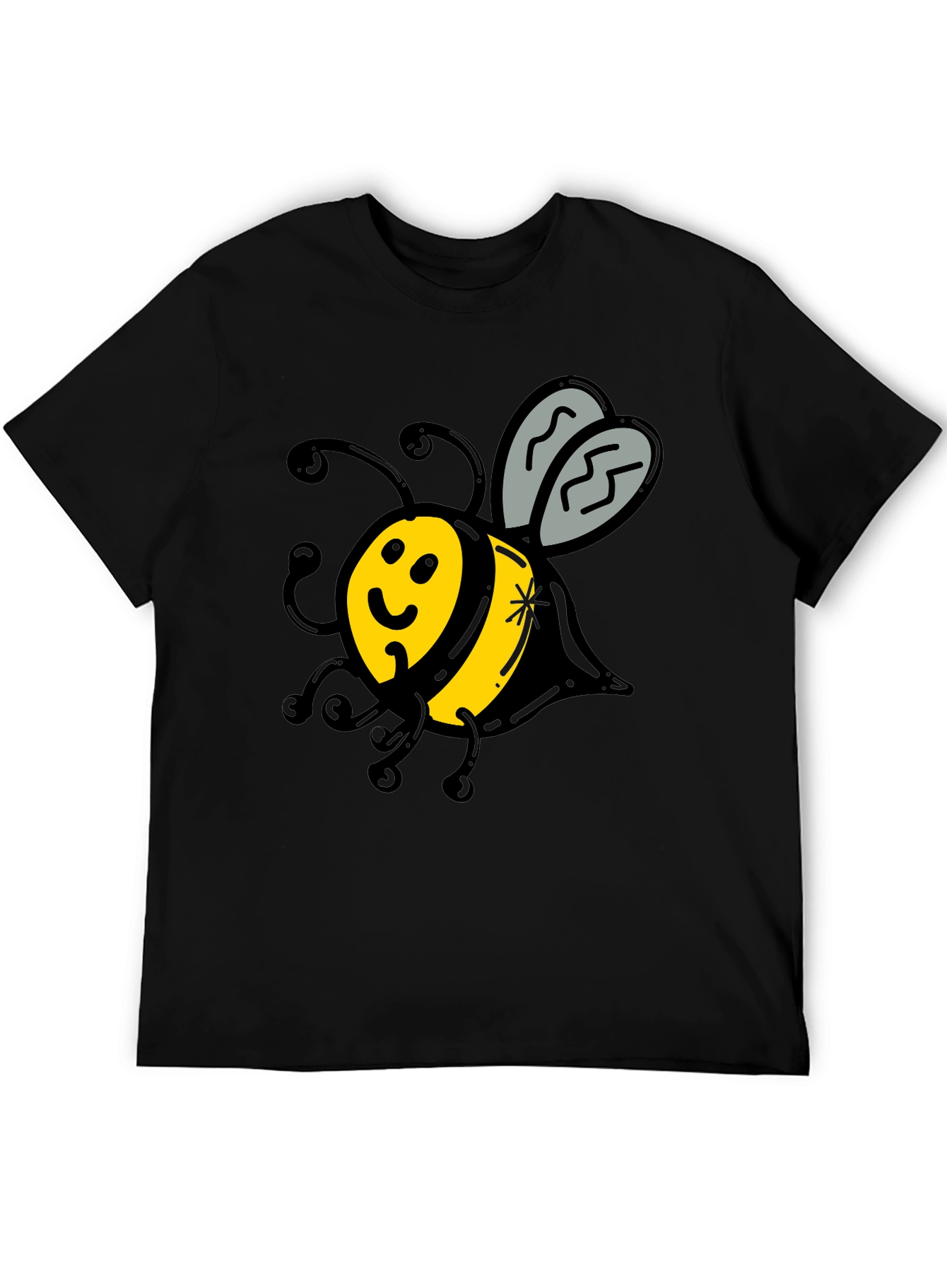 Cute Bee Graphic T-Shirt - Black Crew Neck