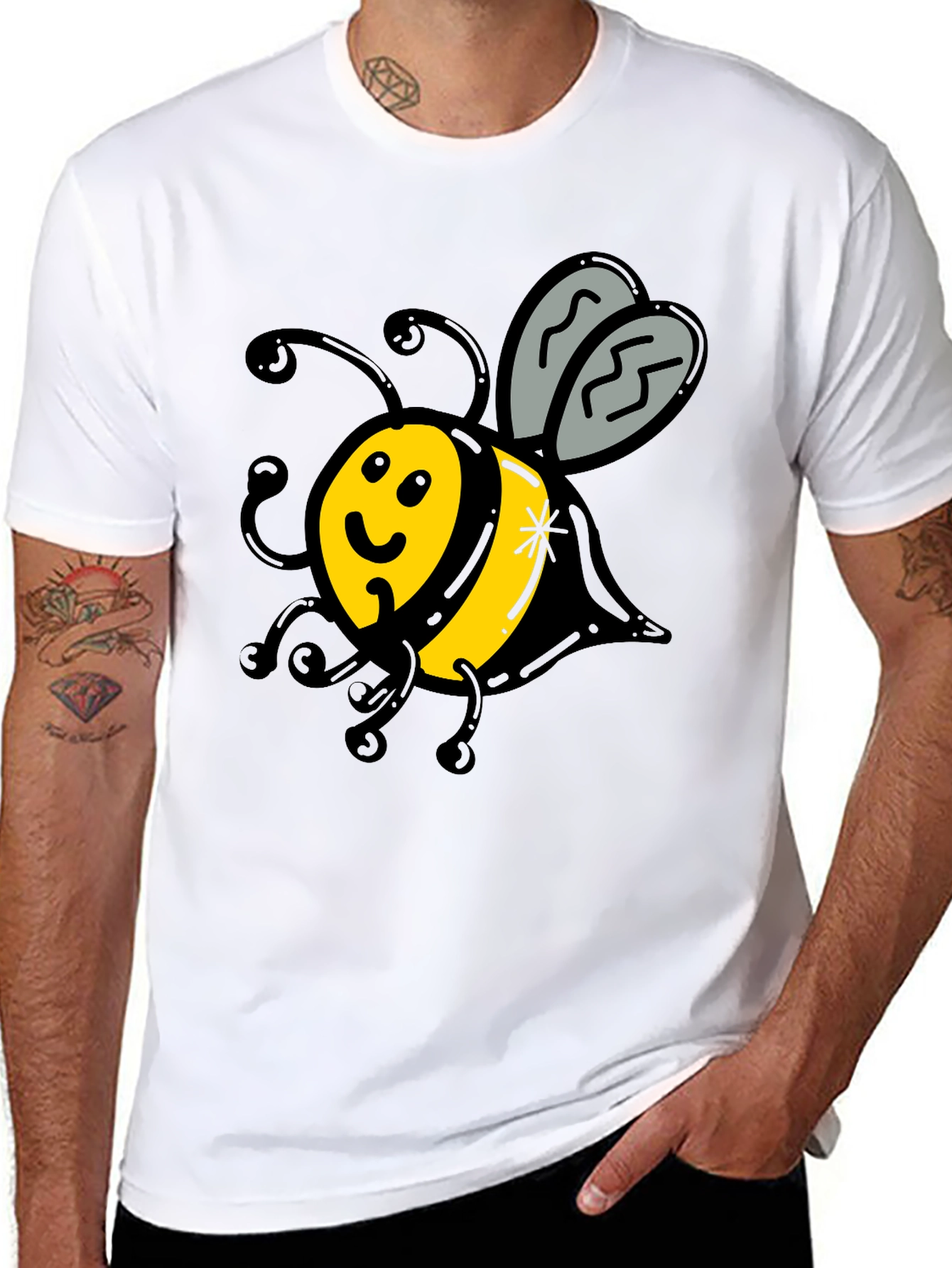 Cute Bee Graphic T-Shirt - Black Crew Neck