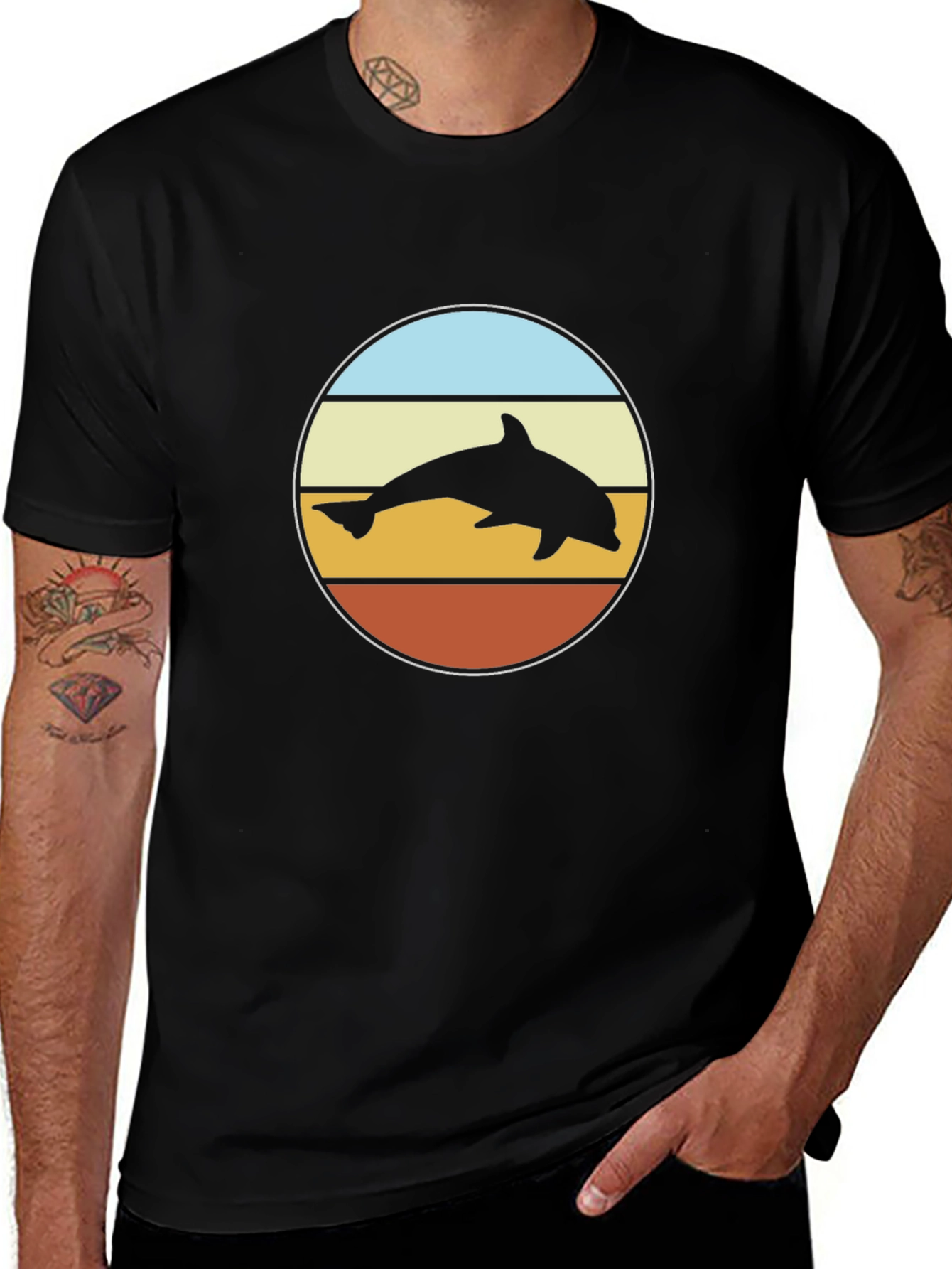 Retro Dolphin Sunset T-Shirt - Black