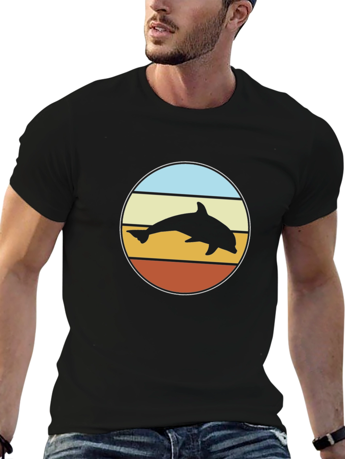 Retro Dolphin Sunset T-Shirt - Black