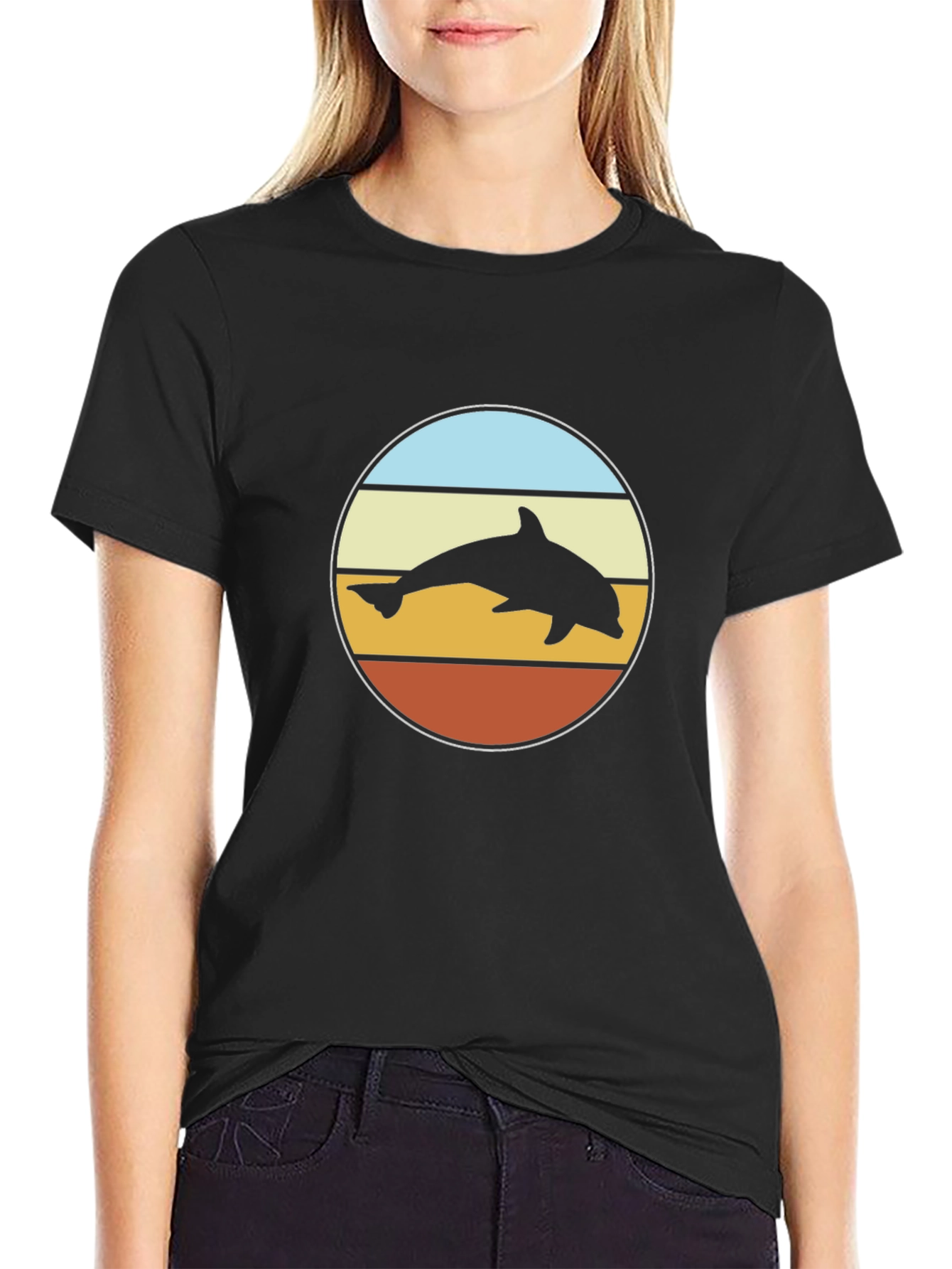 Retro Dolphin Sunset T-Shirt - Black