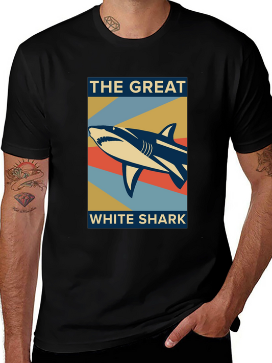 Great White Shark Graphic Tee - Black Crew Neck T-Shirt
