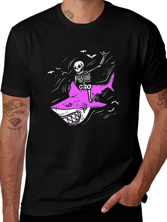 Skeleton Riding Shark Graphic Tee - Black Cotton T-Shirt
