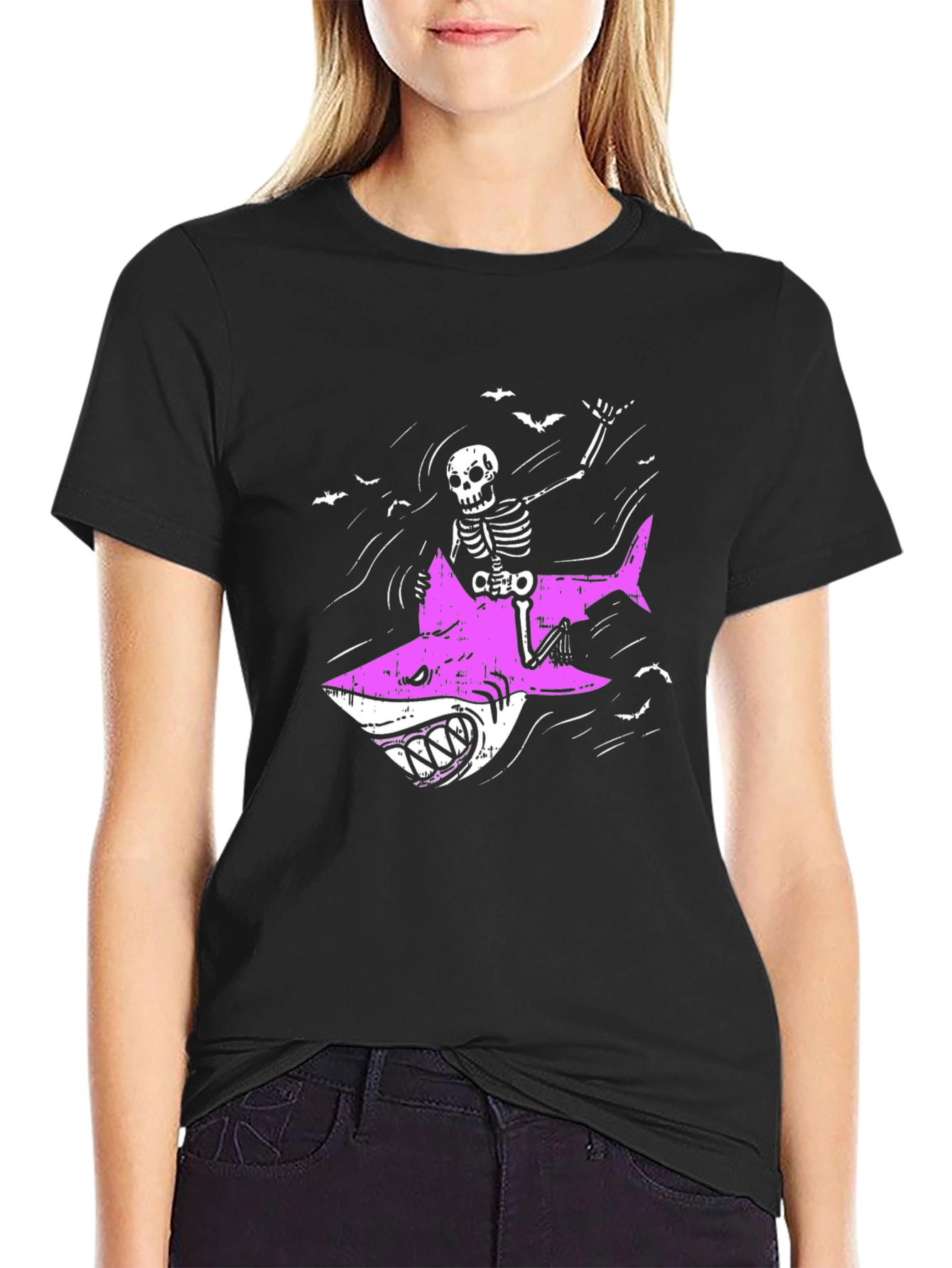 Skeleton Riding Shark Graphic Tee - Black Cotton T-Shirt