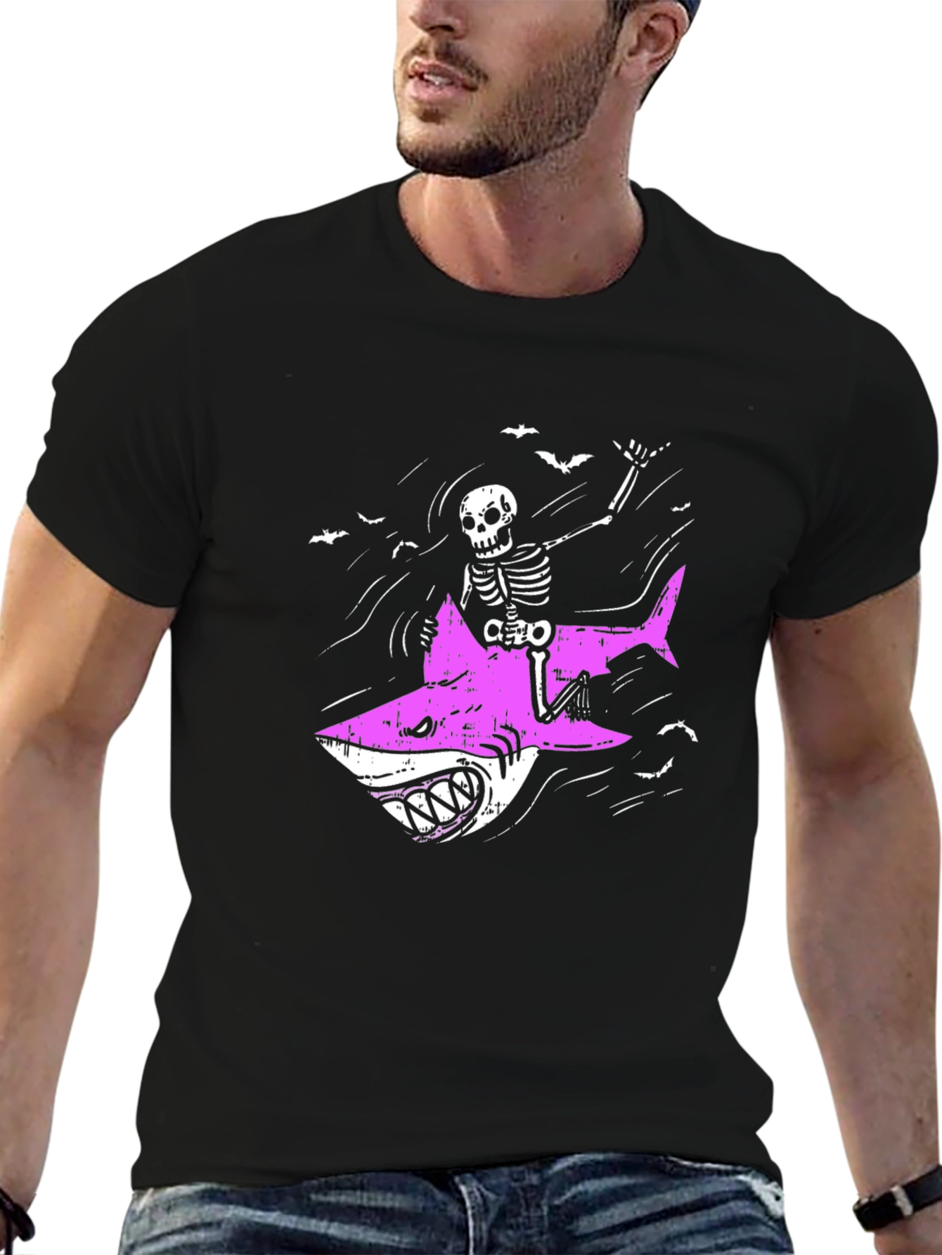 Skeleton Riding Shark Graphic Tee - Black Cotton T-Shirt
