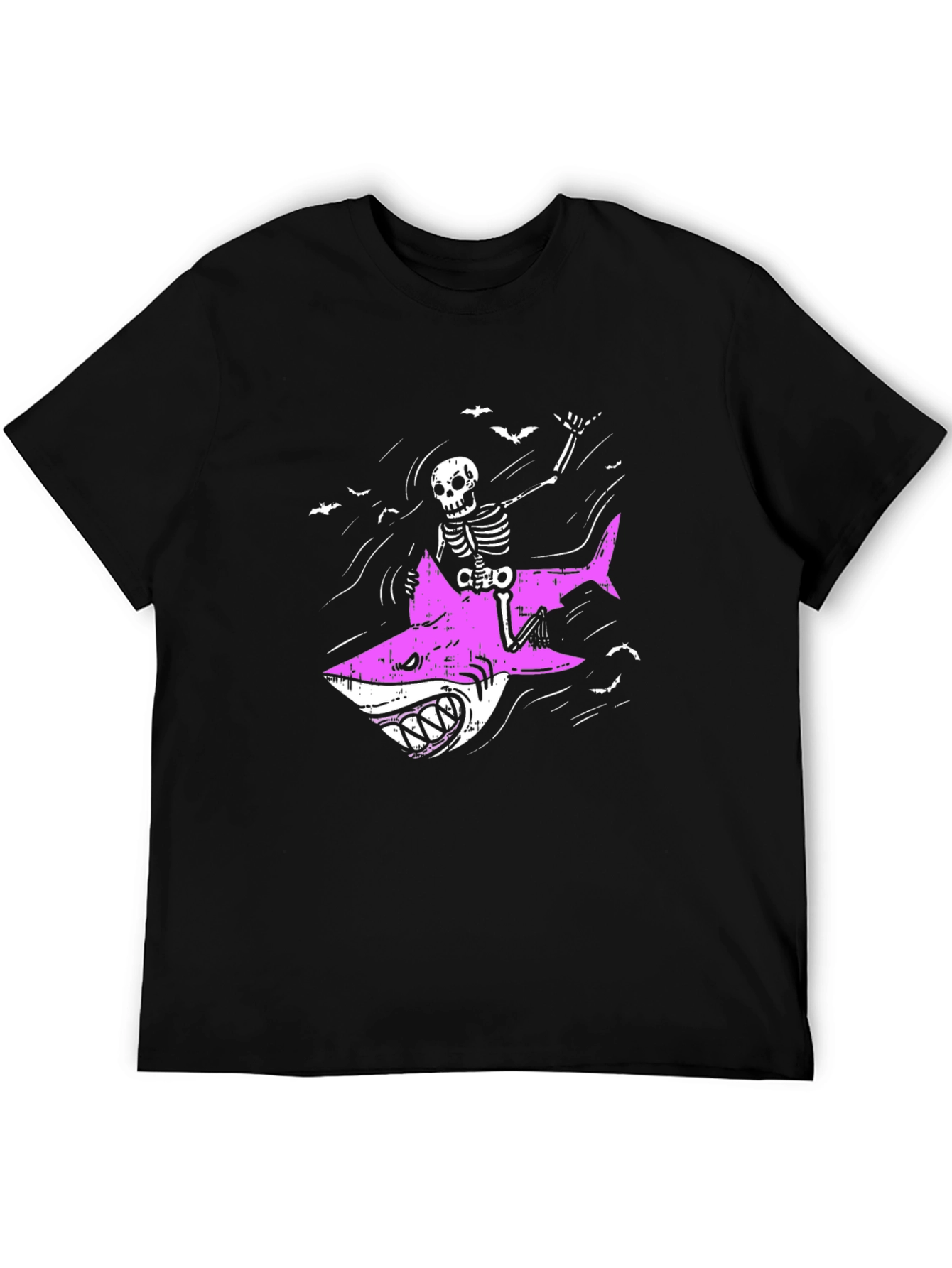 Skeleton Riding Shark Graphic Tee - Black Cotton T-Shirt