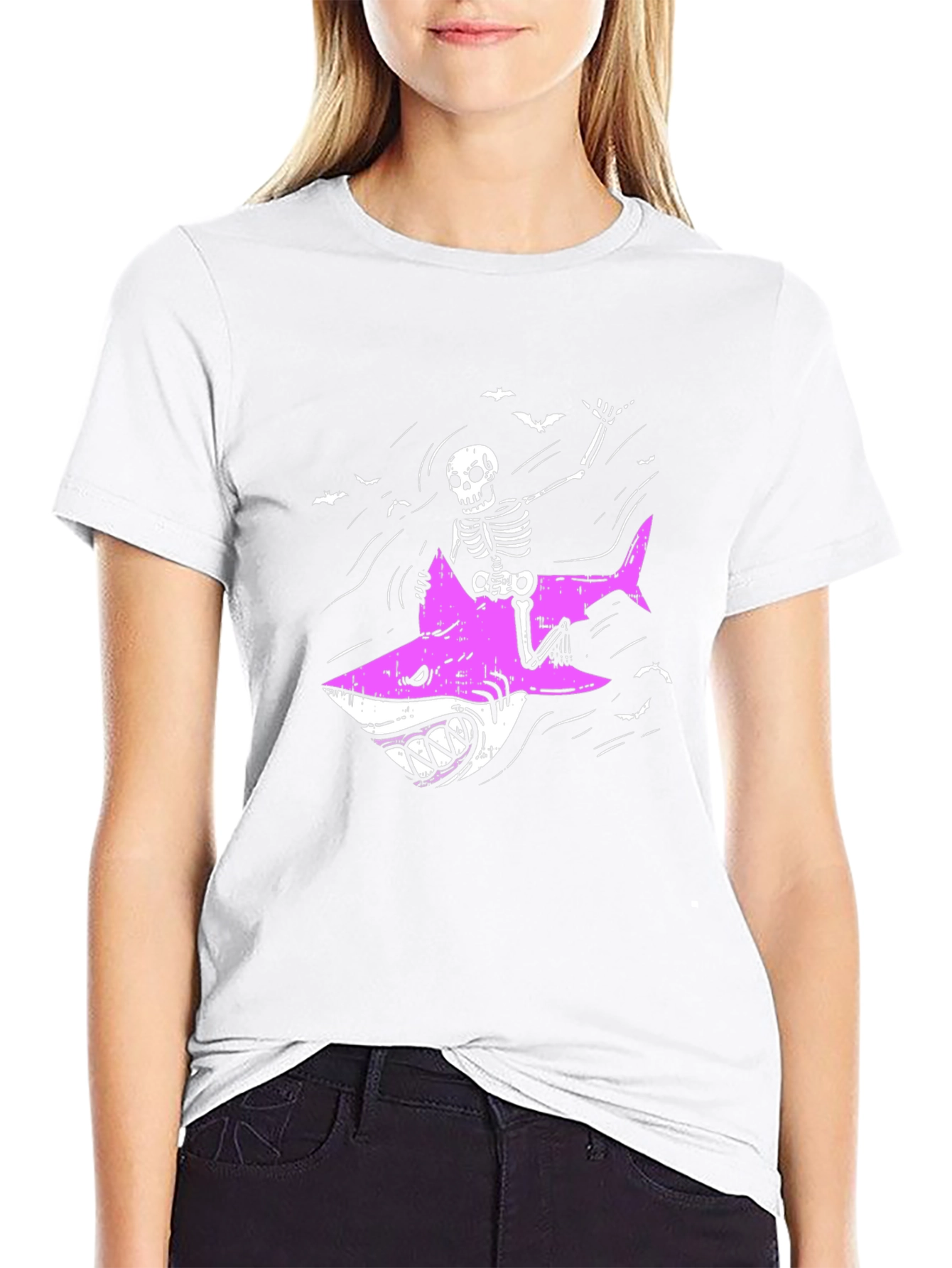 Skeleton Riding Shark Graphic Tee - Black Cotton T-Shirt