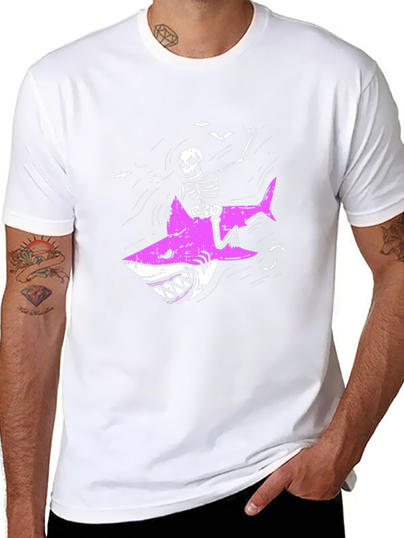 Skeleton Riding Shark Graphic Tee - Black Cotton T-Shirt