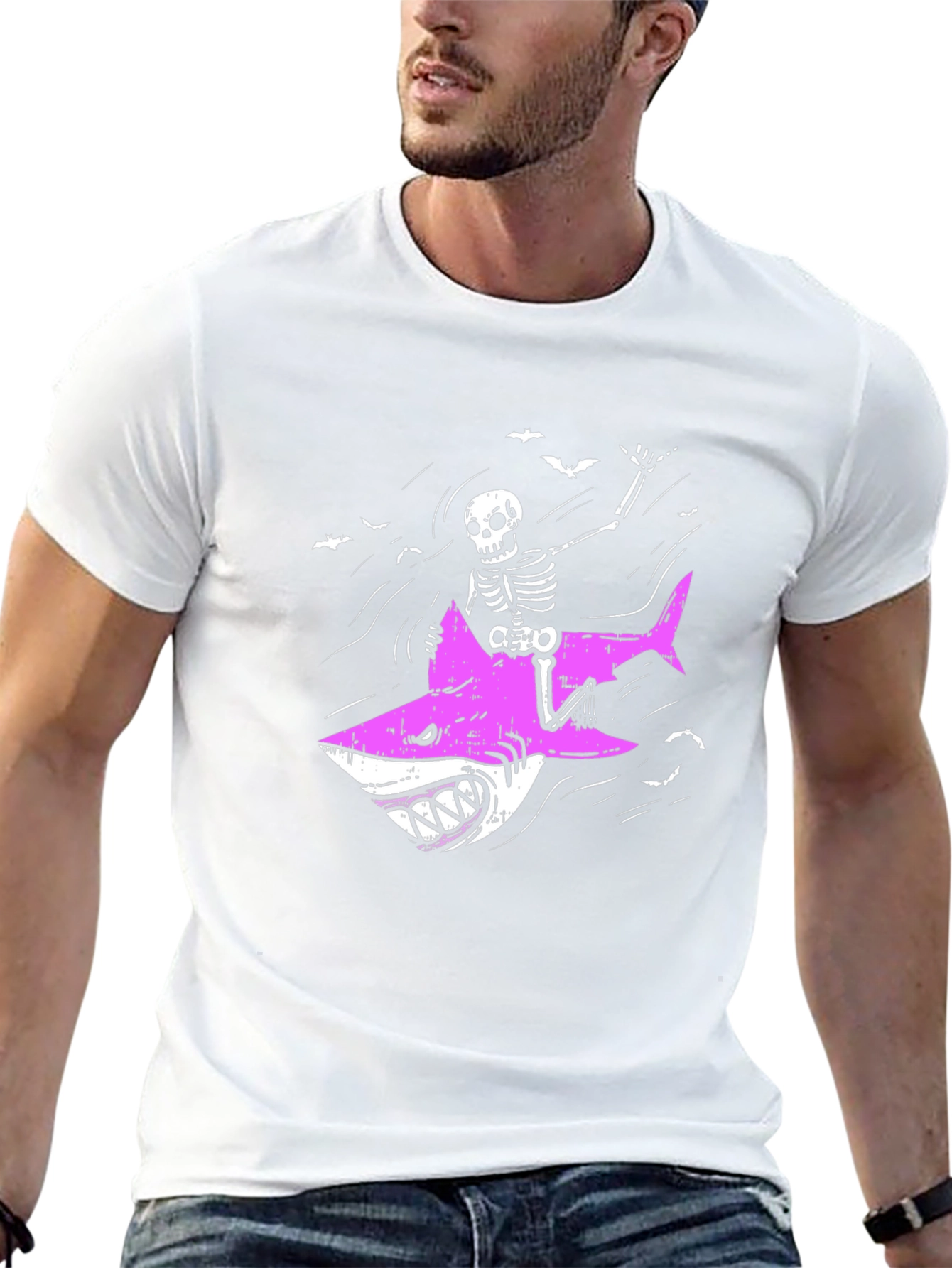 Skeleton Riding Shark Graphic Tee - Black Cotton T-Shirt