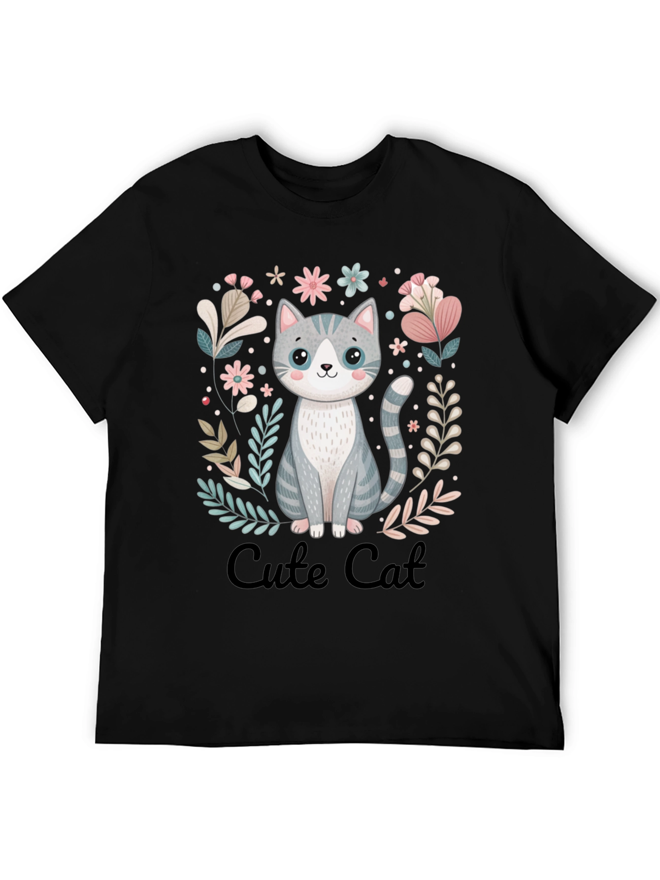 Cute Cat Graphic Tee - Black