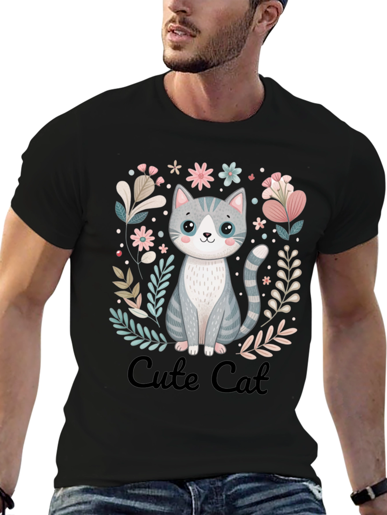 Cute Cat Graphic Tee - Black