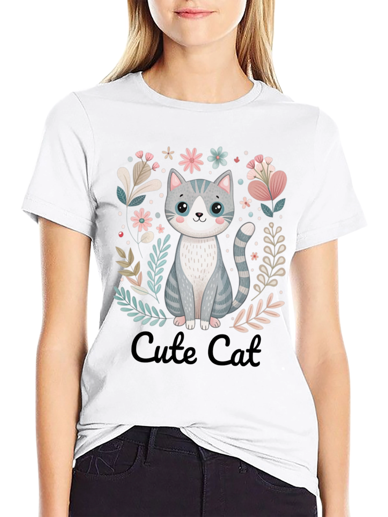 Cute Cat Graphic Tee - Black