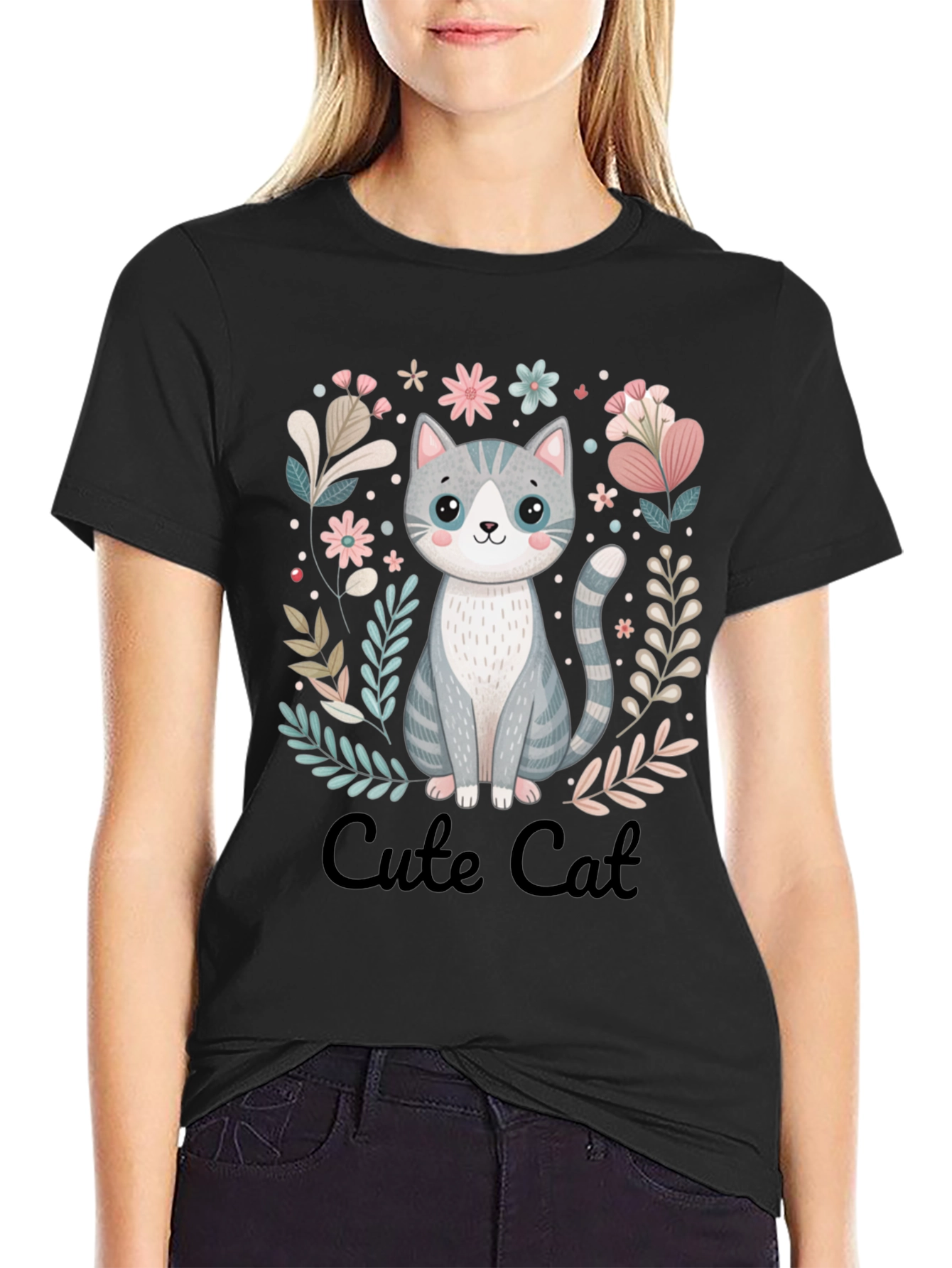 Cute Cat Graphic Tee - Black