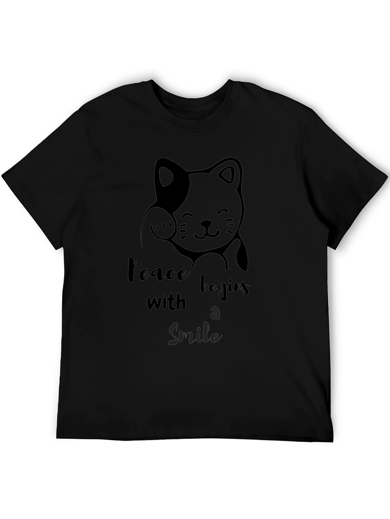 Peaceful Cat Graphic Tee - Black Cotton T-Shirt