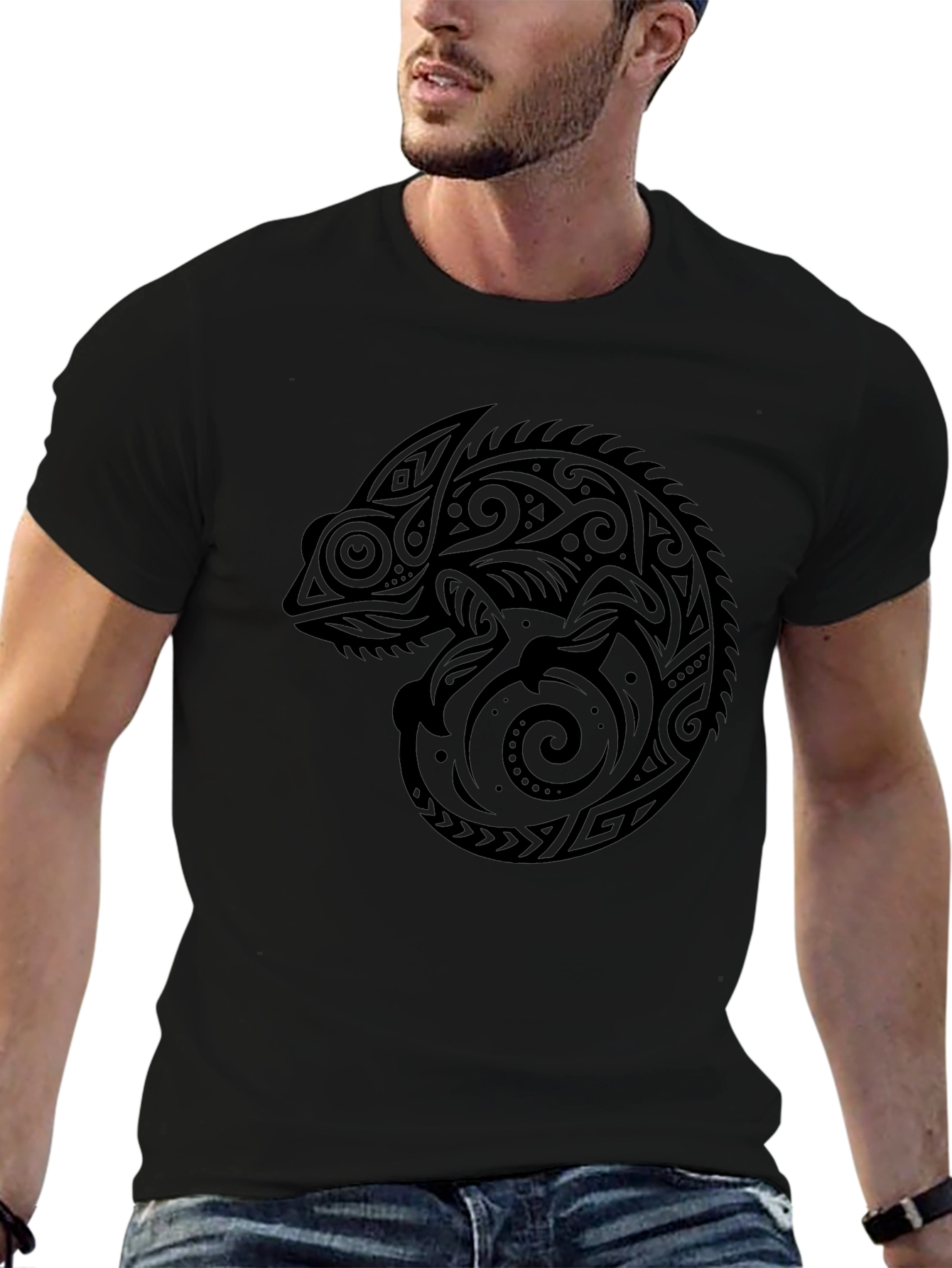 Tribal Chameleon Graphic Tee - Mens Black T-Shirt