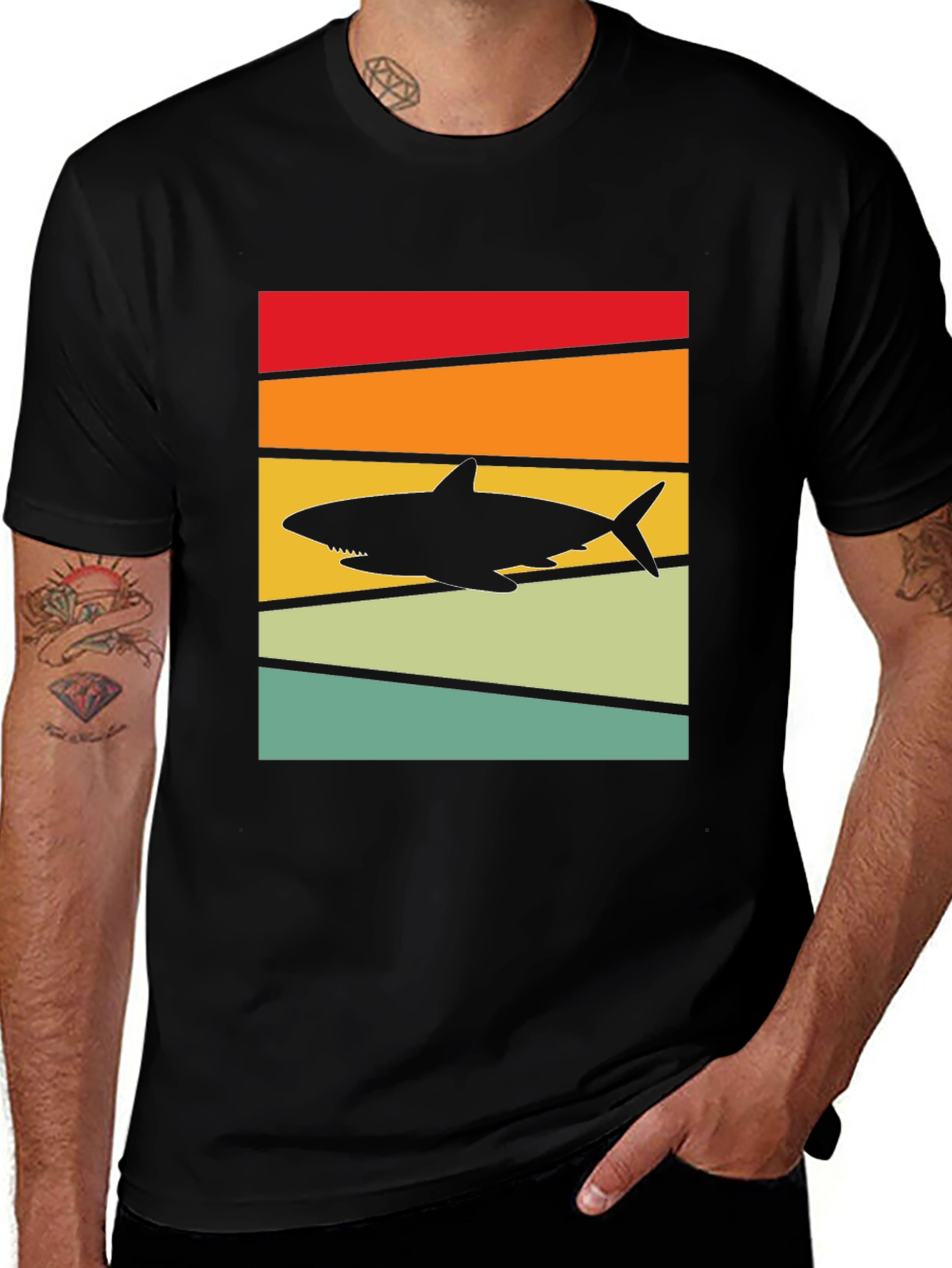 Retro Shark Sunset T-Shirt - Black Cotton Tee