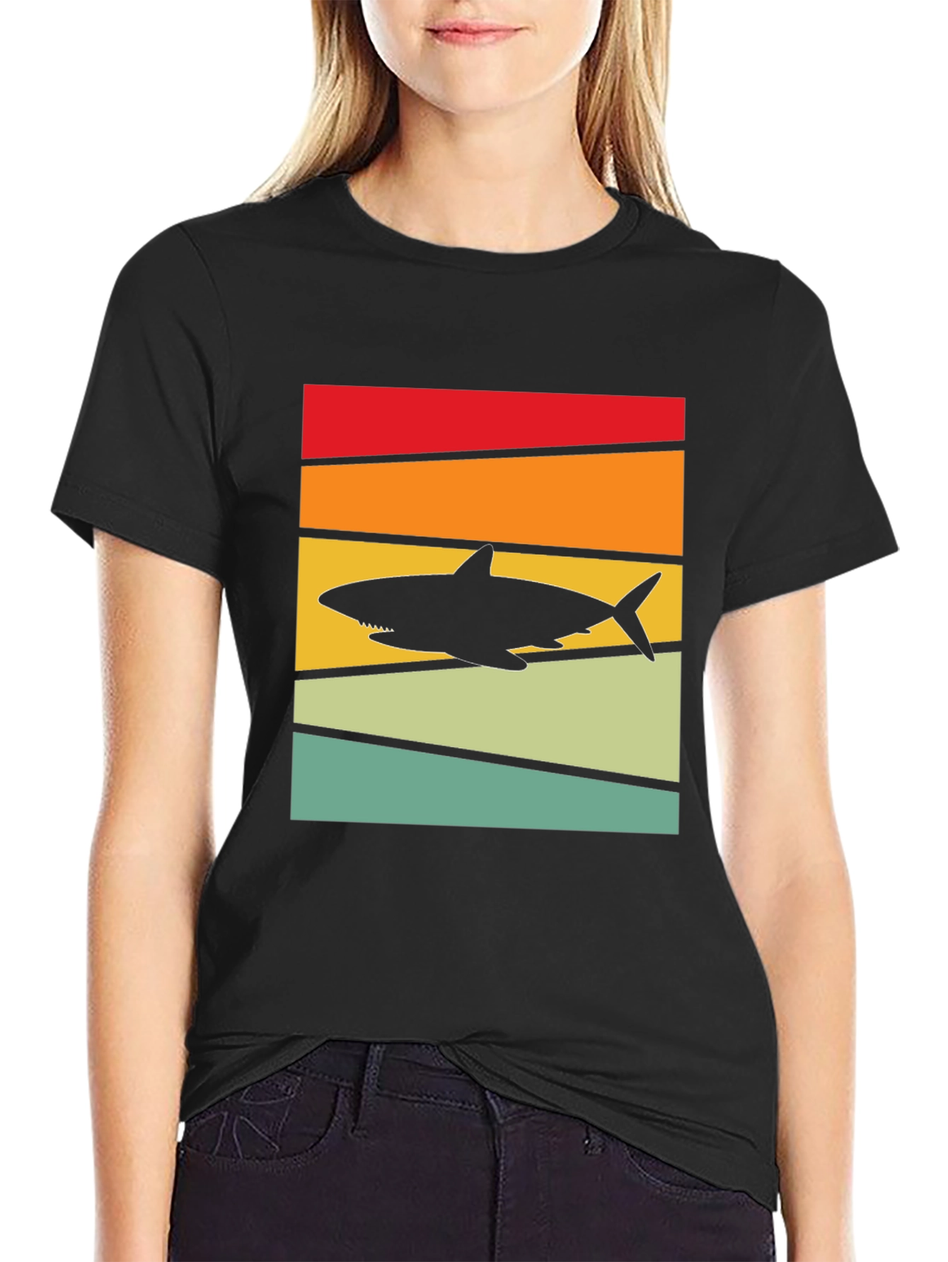 Retro Shark Sunset T-Shirt - Black Cotton Tee
