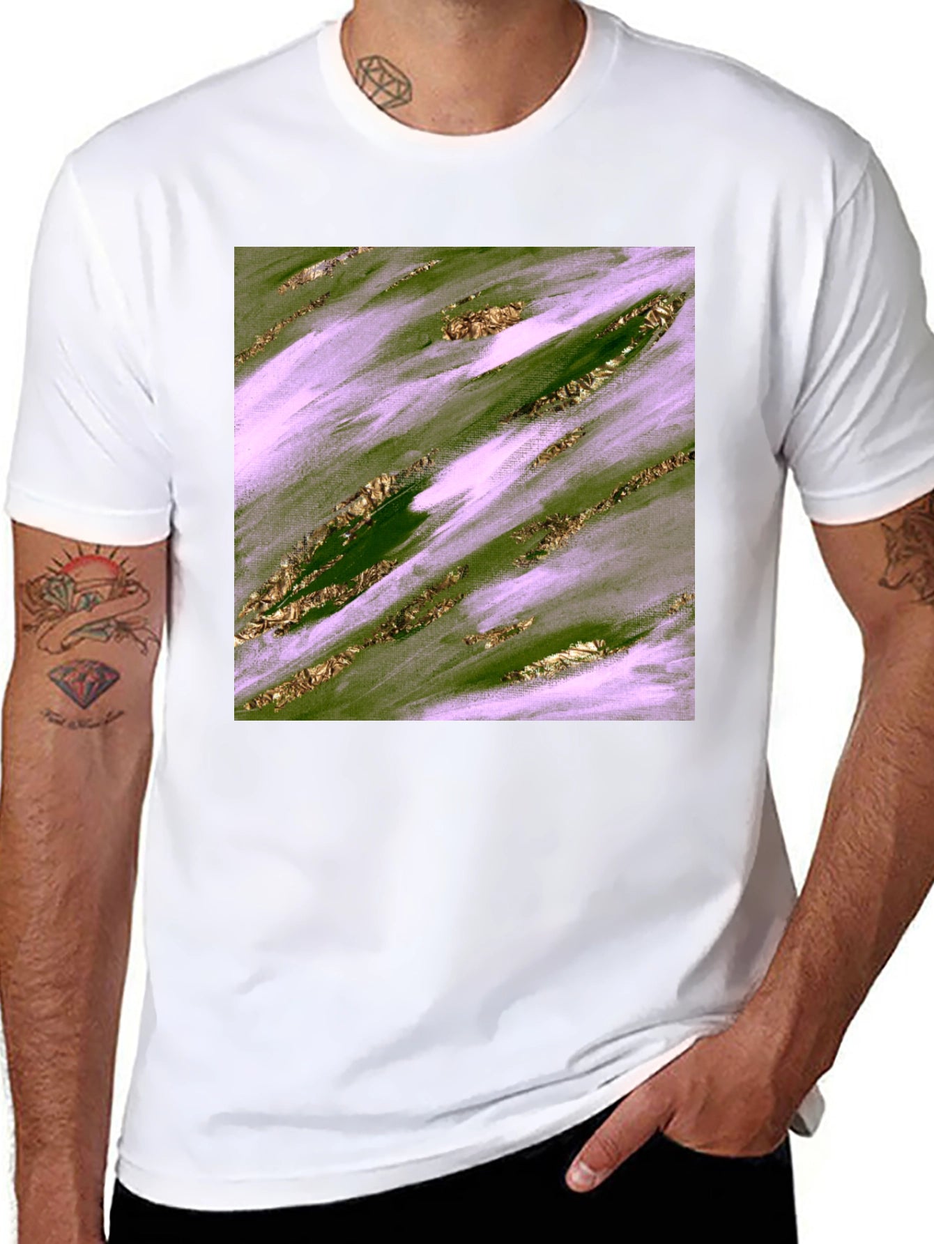 Abstract Green & Gold Brushstroke Mens Tee