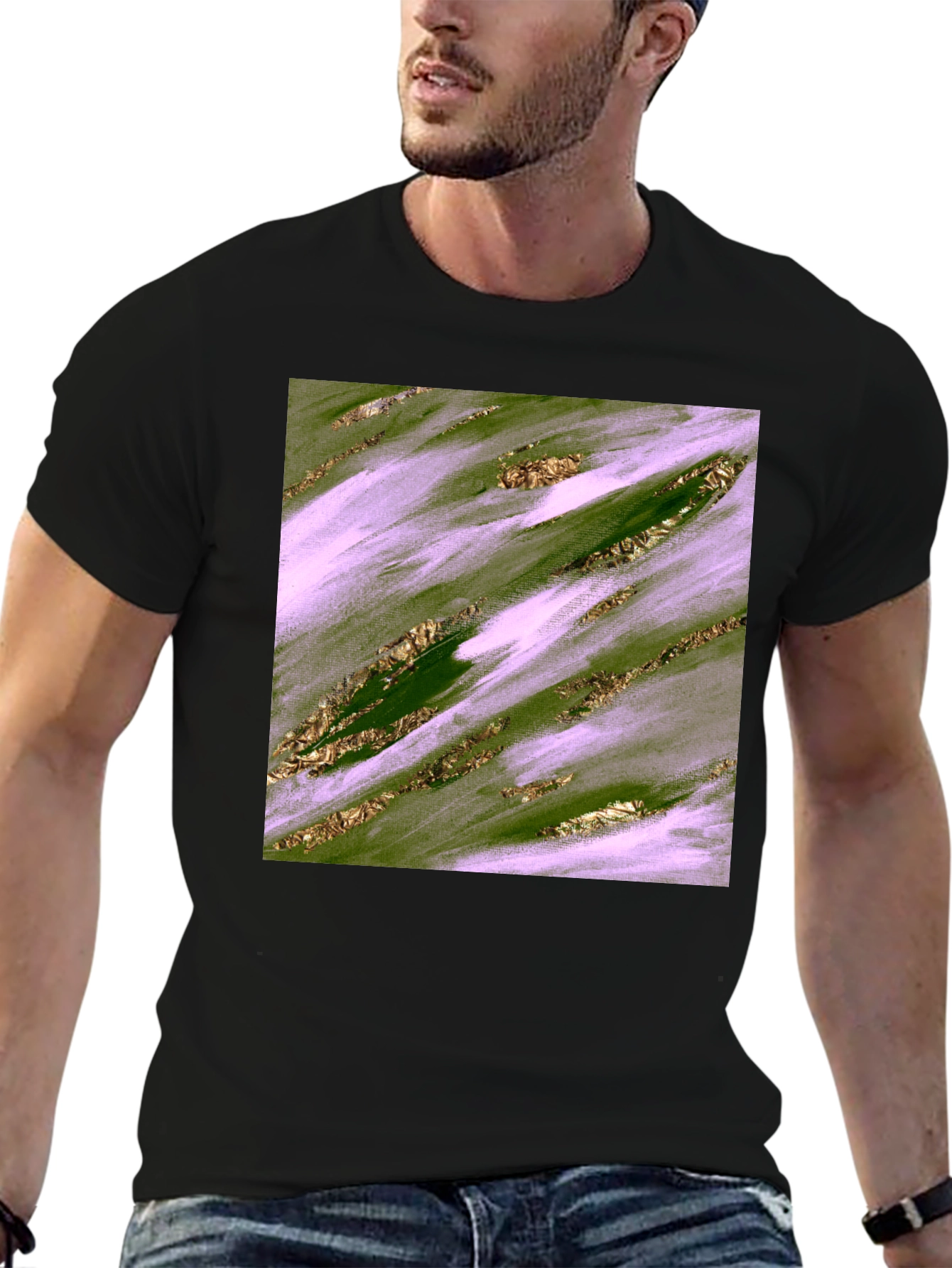 Abstract Green & Gold Brushstroke Mens Tee