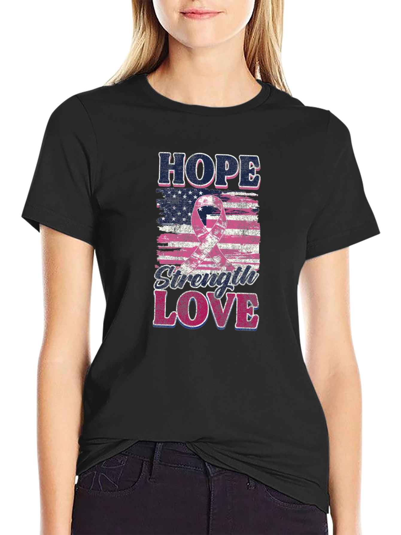 Hope Strength Love Breast Cancer Awareness T-Shirt