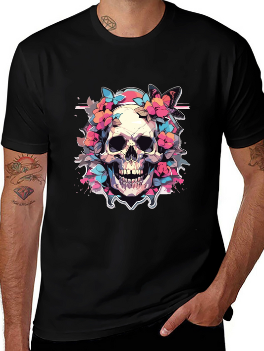 Floral Skull Graphic Tee - Gothic Style
