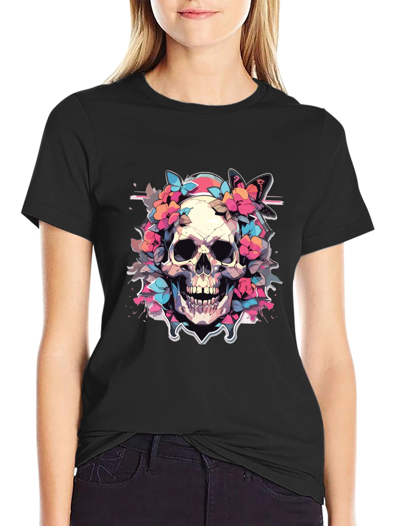 Floral Skull Graphic Tee - Gothic Style