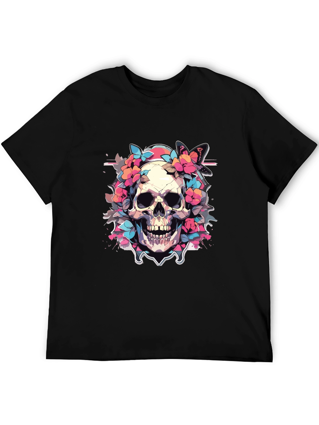 Floral Skull Graphic Tee - Gothic Style
