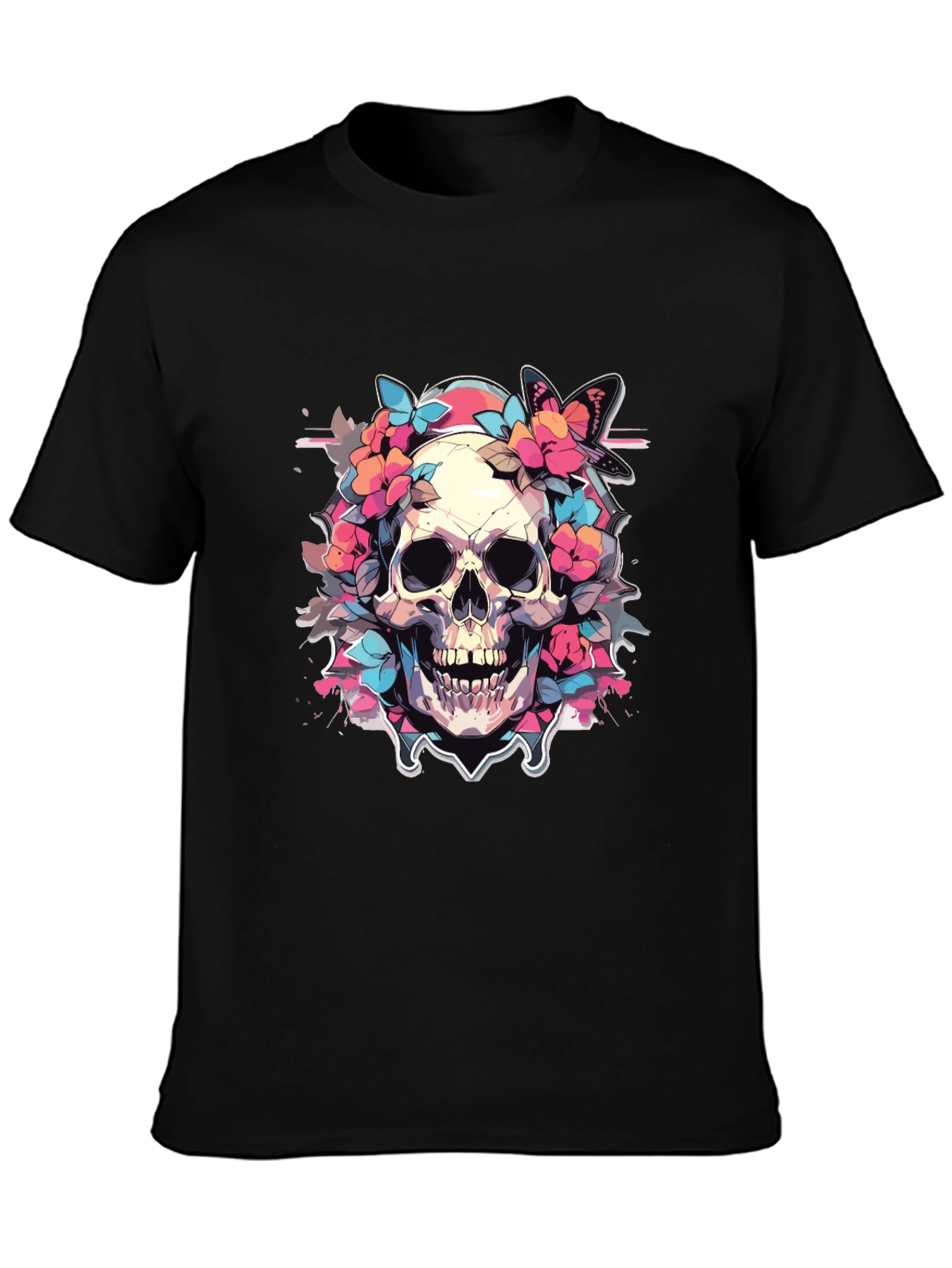 Floral Skull Graphic Tee - Gothic Style
