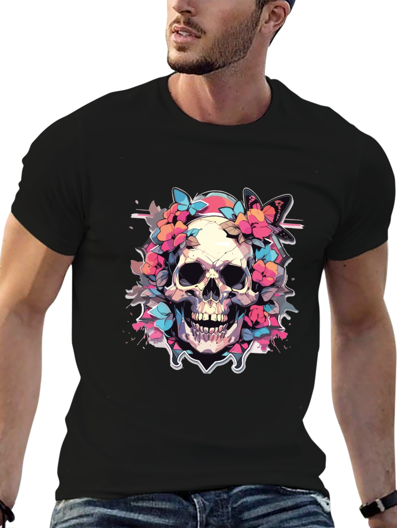 Floral Skull Graphic Tee - Gothic Style