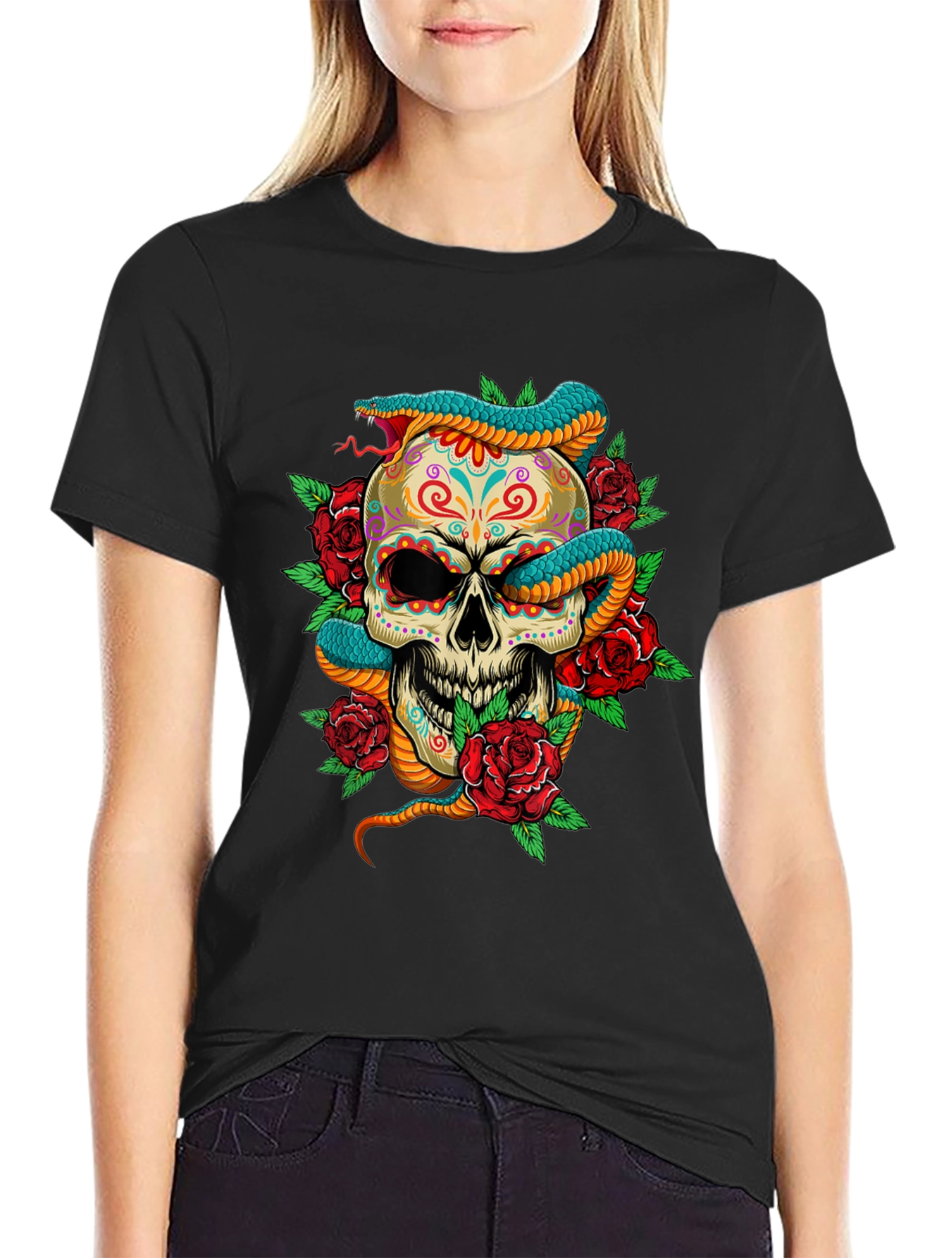 Skull Snake Roses Graphic Tee