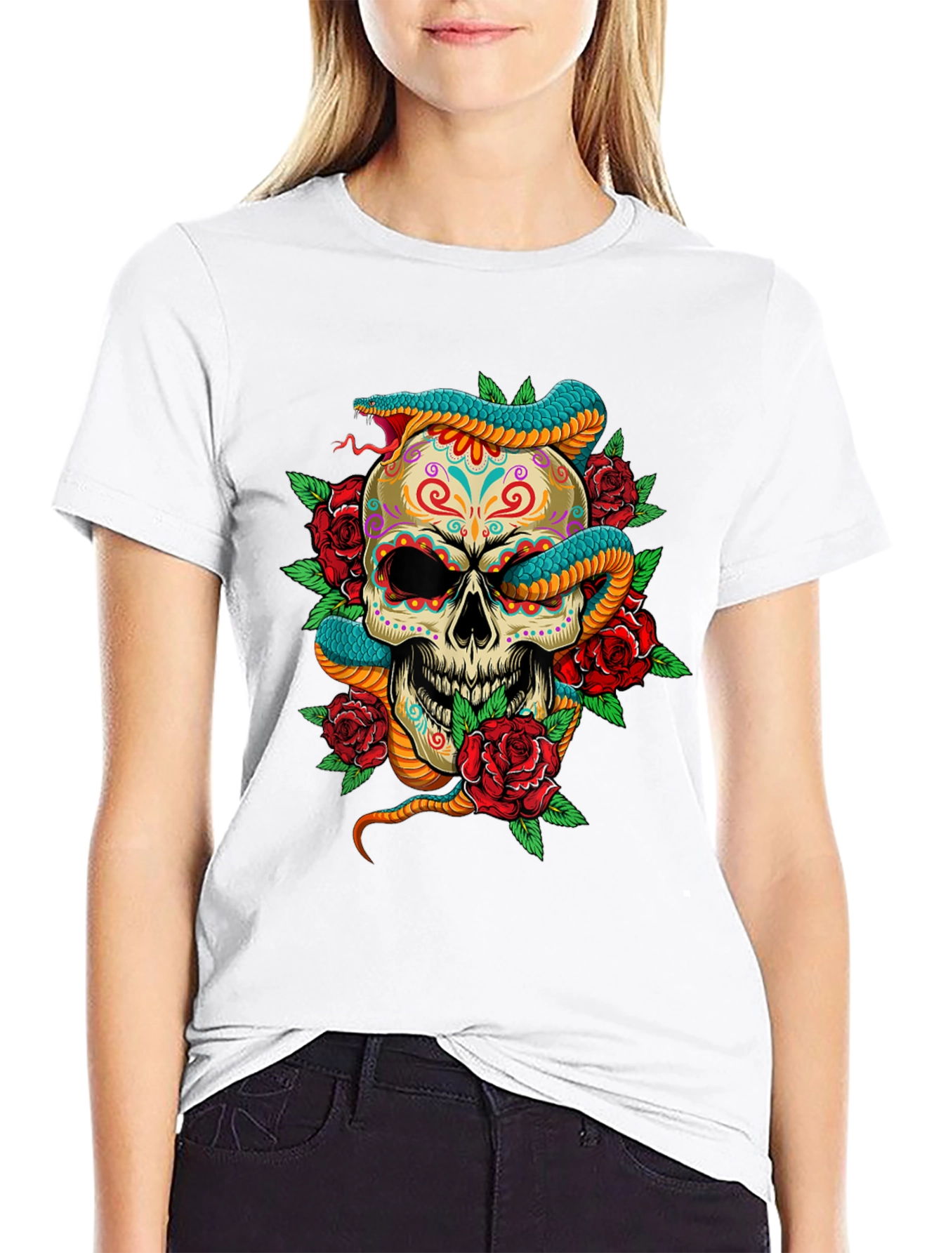 Skull Snake Roses Graphic Tee