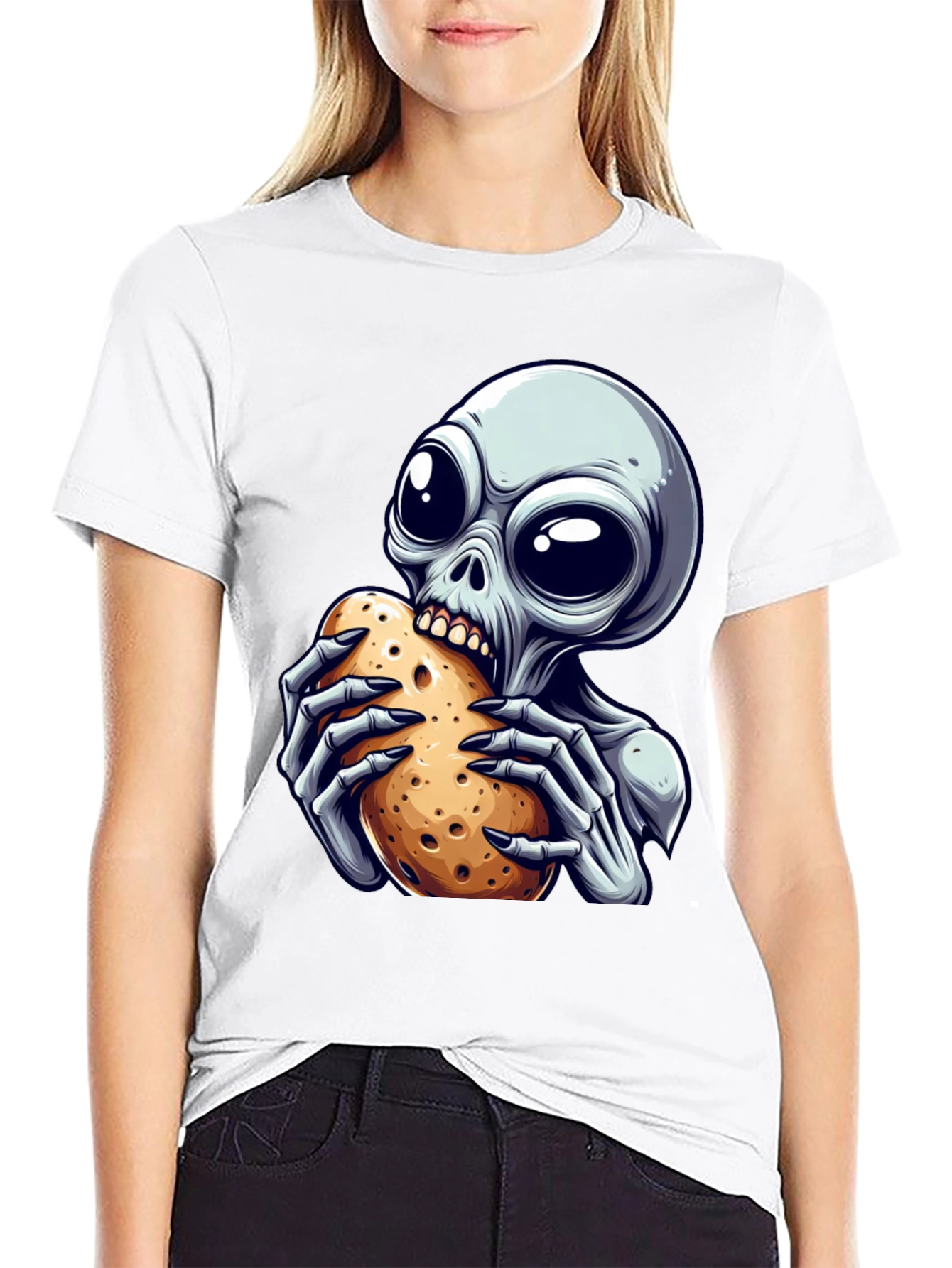 Alien Eating Potato Graphic T-Shirt - Unique Design!