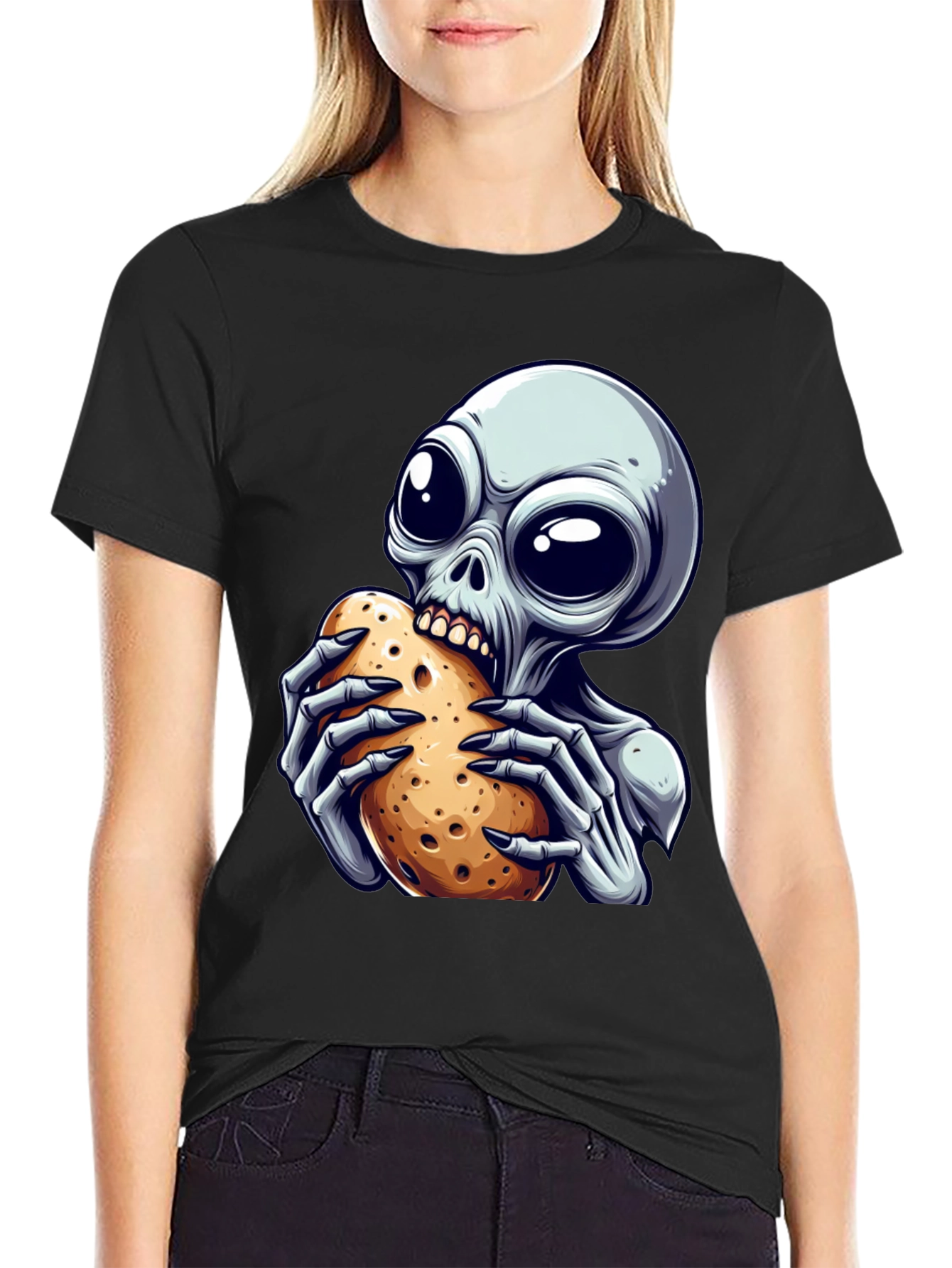 Alien Eating Potato Graphic T-Shirt - Unique Design!