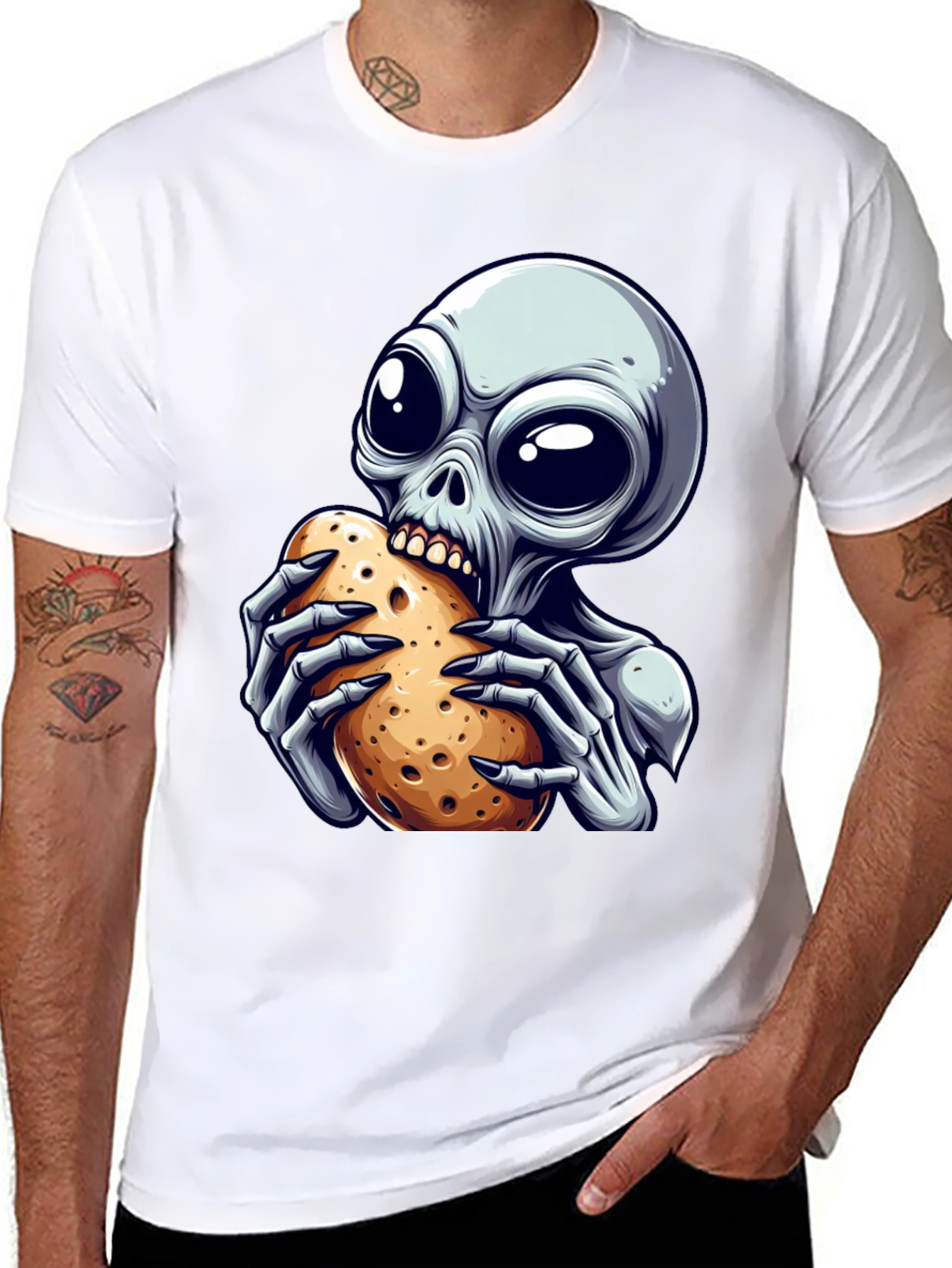 Alien Eating Potato Graphic T-Shirt - Unique Design!