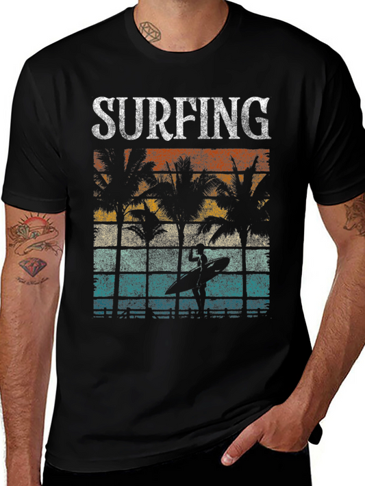 Vintage Surfing Palm Tree Graphic T-Shirt