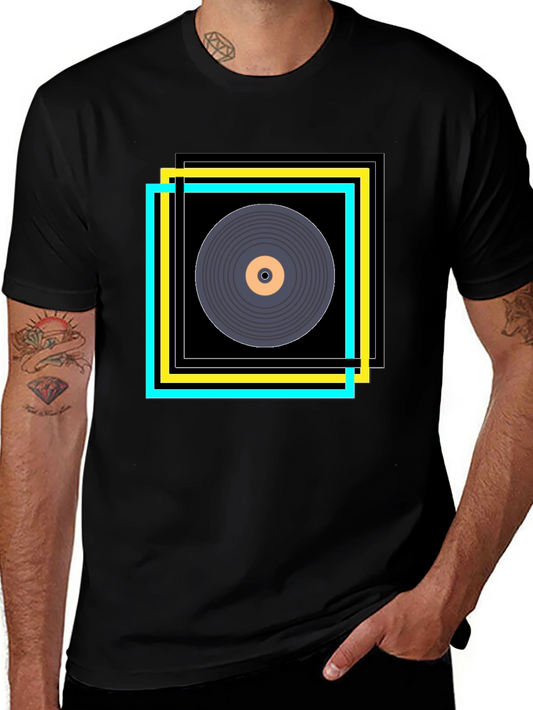 Retro Vinyl Record Graphic Tee - Black Cotton T-Shirt