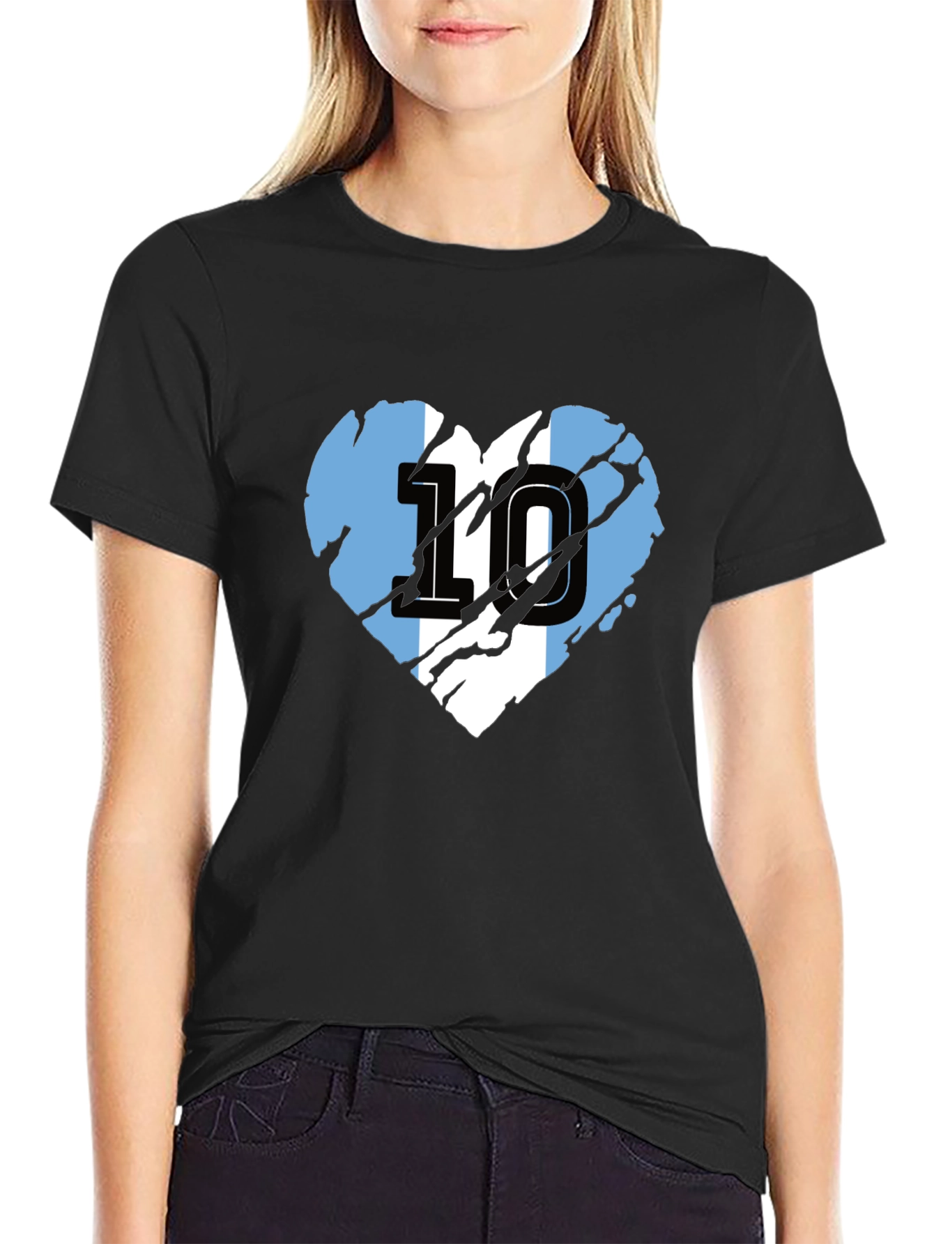 Argentina Flag Heart Number 10 Black T-Shirt