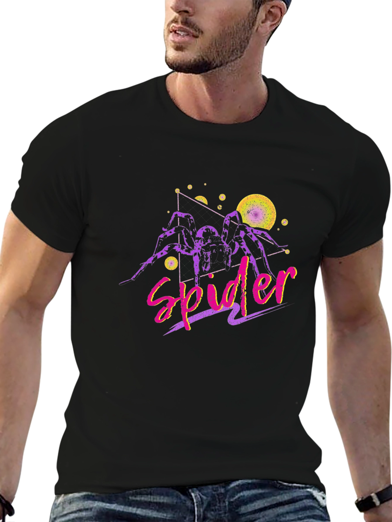 Retro Spider Graphic Tee - Mens Black Cotton T-Shirt