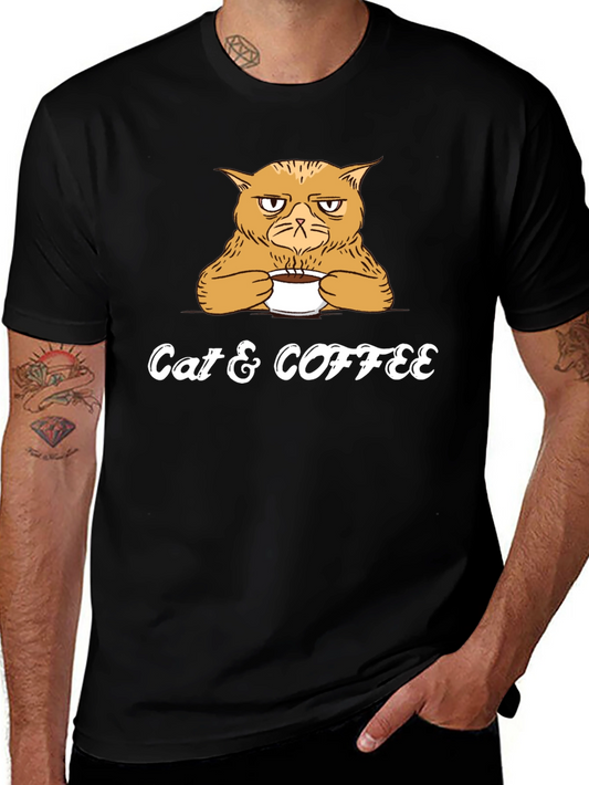 Cat & Coffee Graphic Tee - Mens Black T-Shirt