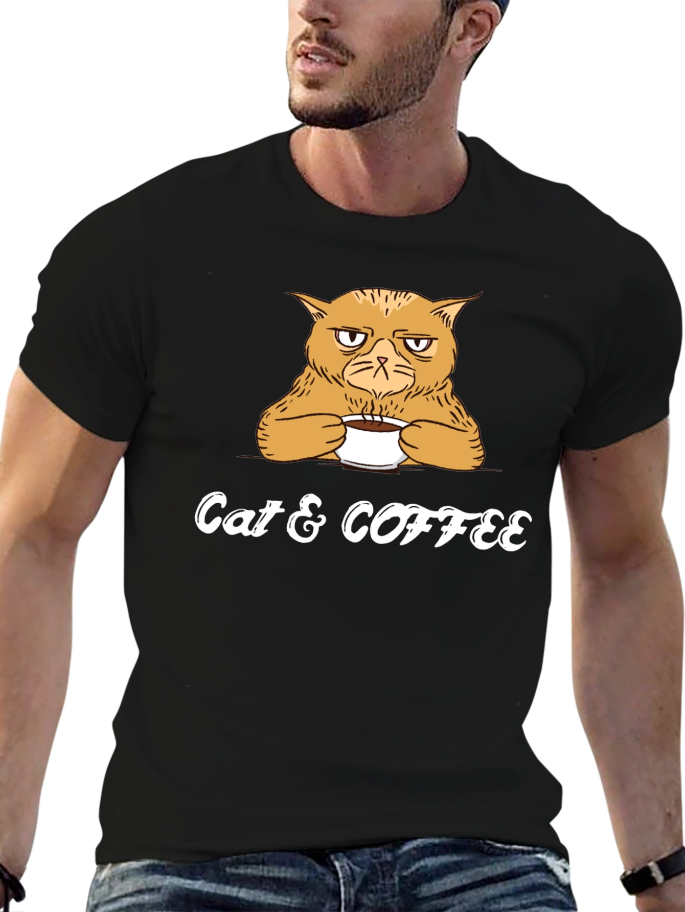 Cat & Coffee Graphic Tee - Mens Black T-Shirt