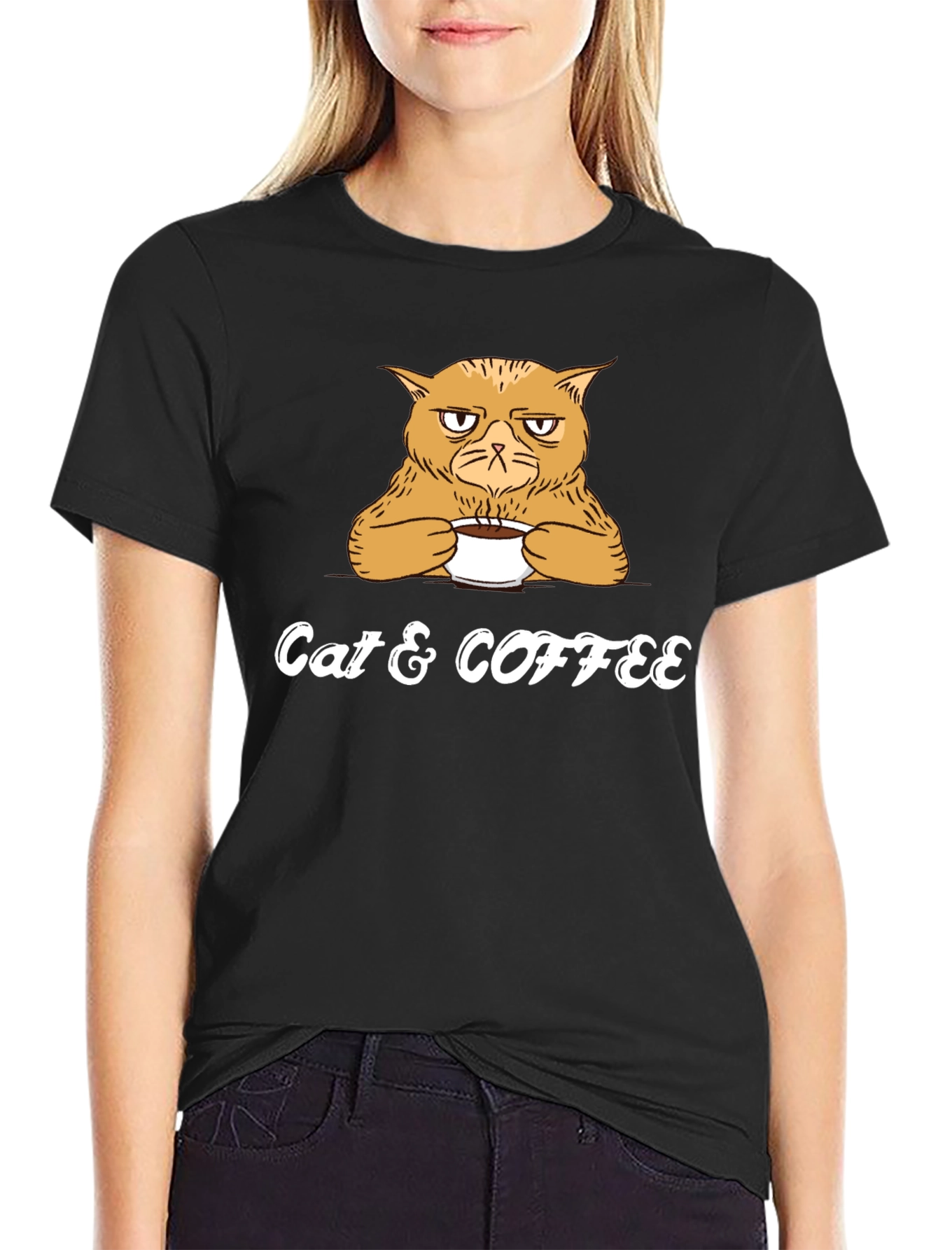 Cat & Coffee Graphic Tee - Mens Black T-Shirt