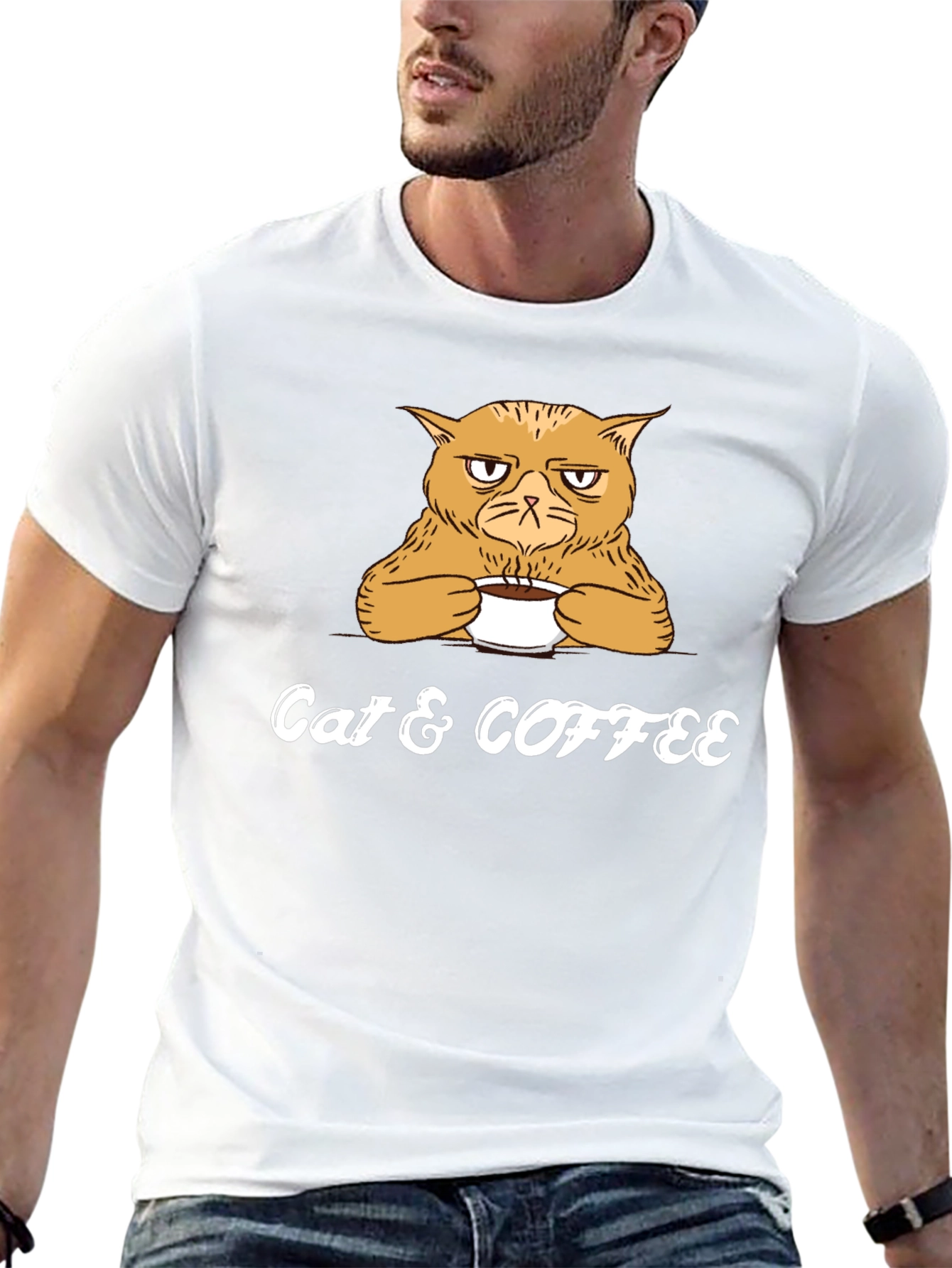 Cat & Coffee Graphic Tee - Mens Black T-Shirt