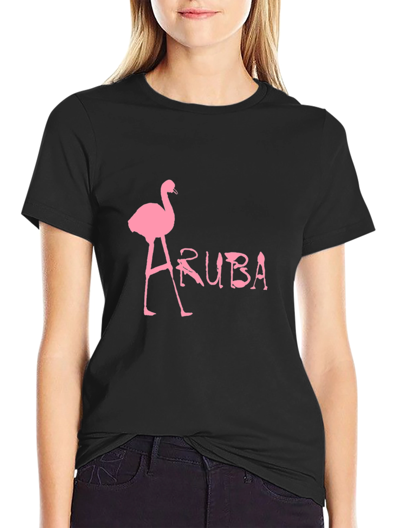 Aruba Flamingo Graphic Tee - Black Cotton T-Shirt